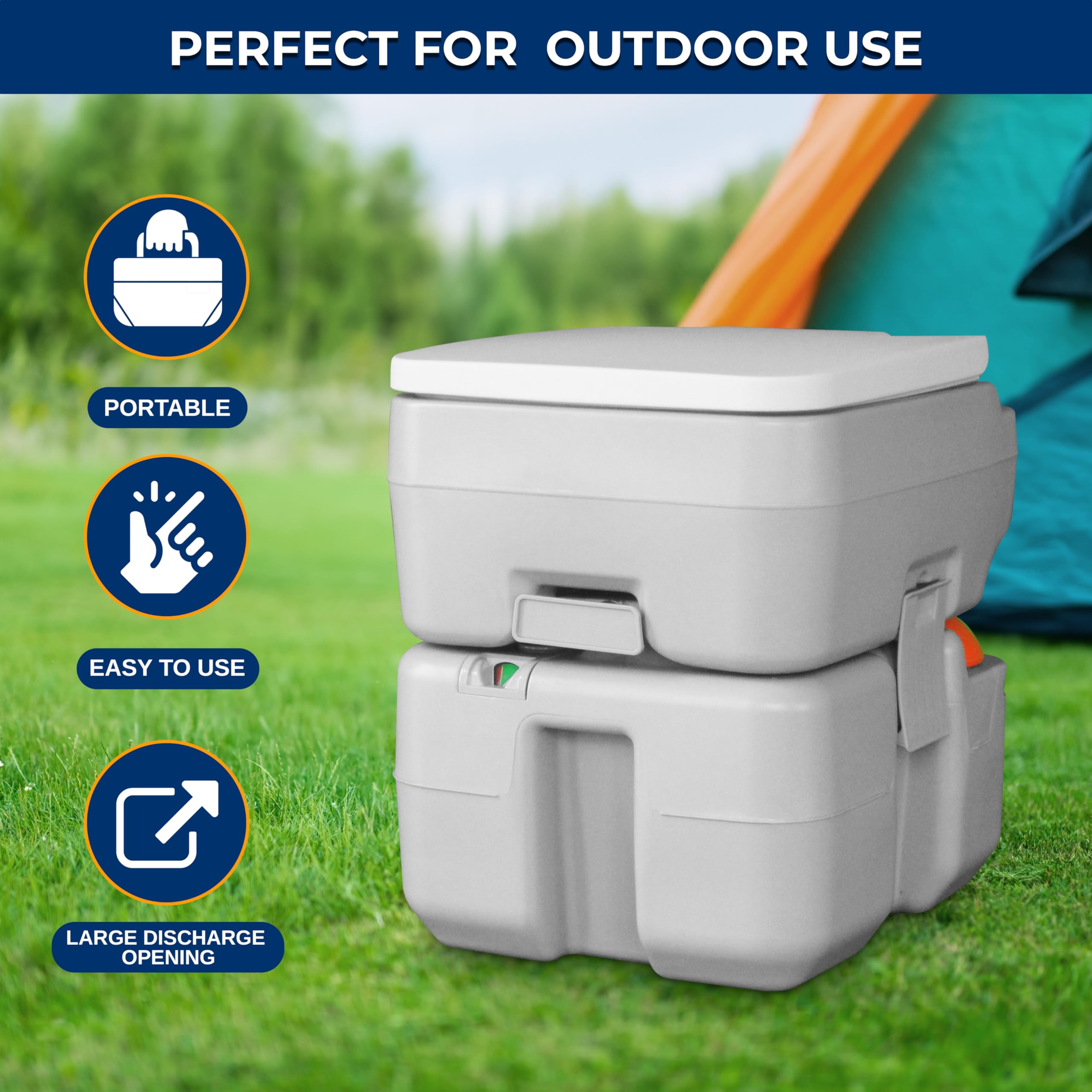 SereneLife portable toilet water tank highlighting easy, splash-free flushing.