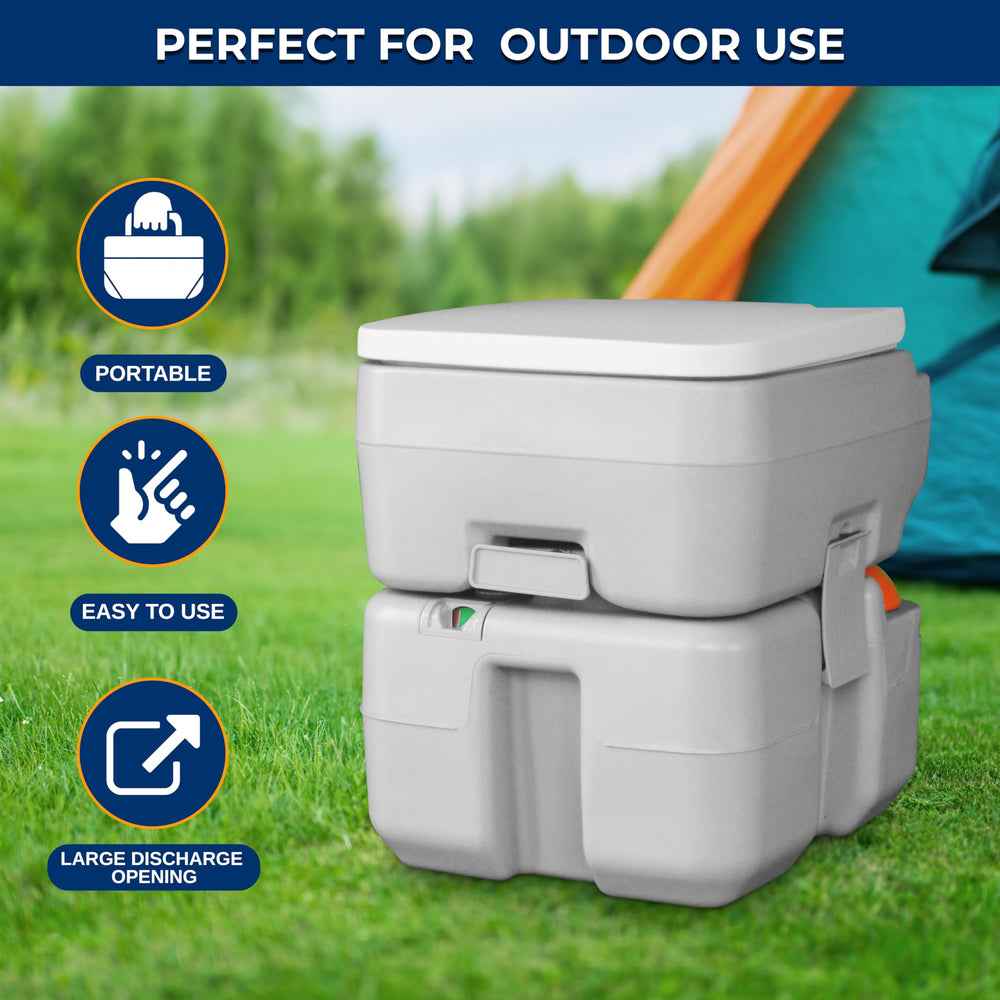 SereneLife portable toilet water tank highlighting easy, splash-free flushing.