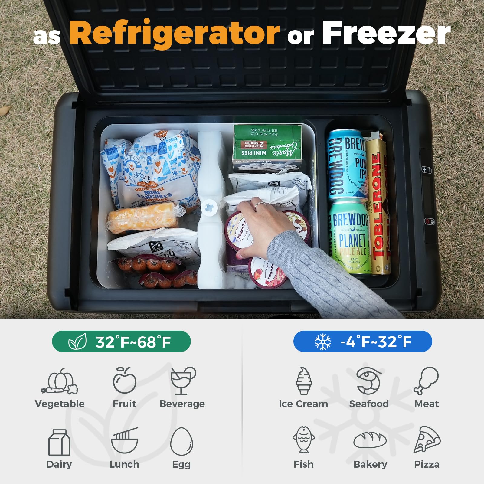 SetPower 12V refrigerator in camping setup with outdoor gear.