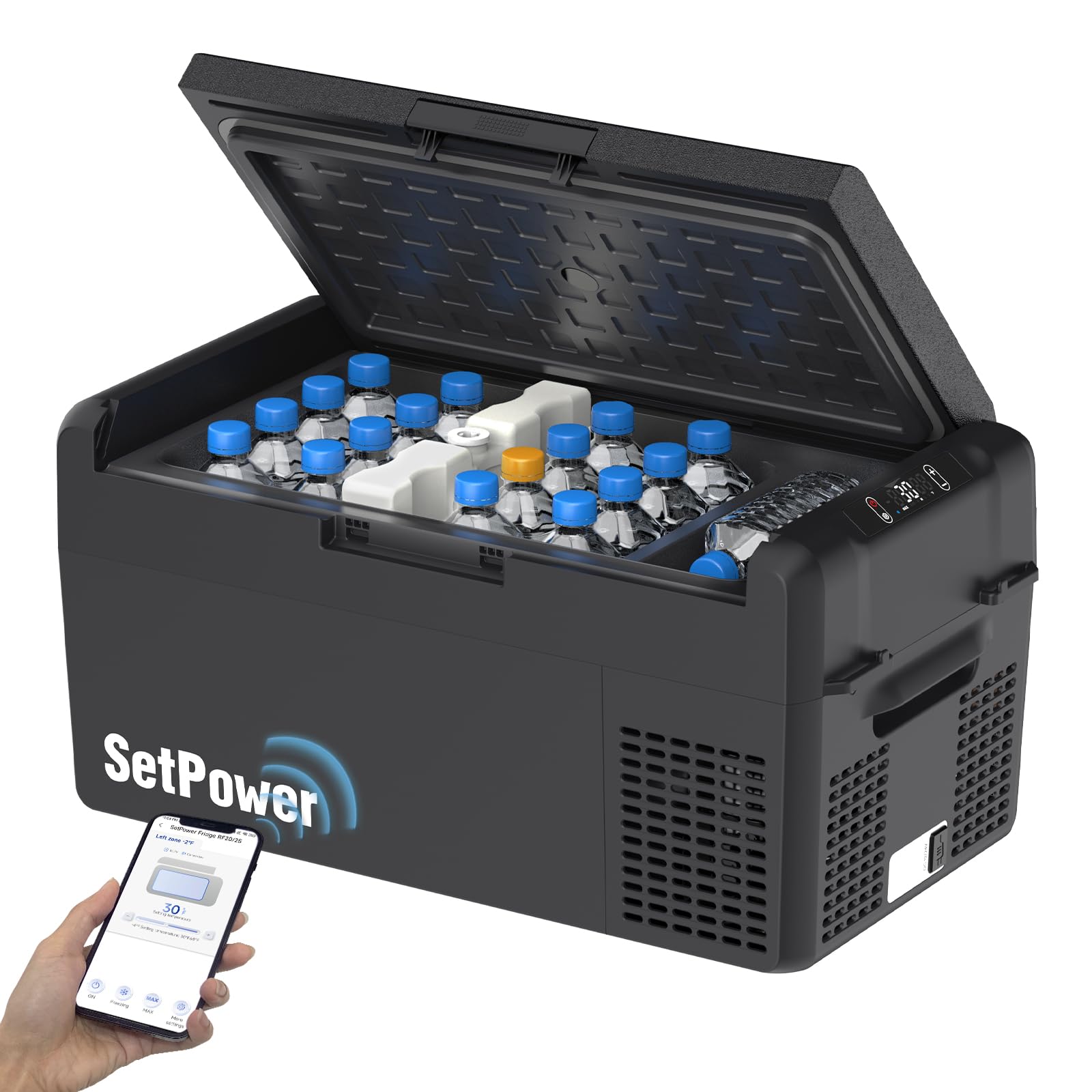 SetPower 12V refrigerator front view showing compact 21-quart capacity for vehicles.