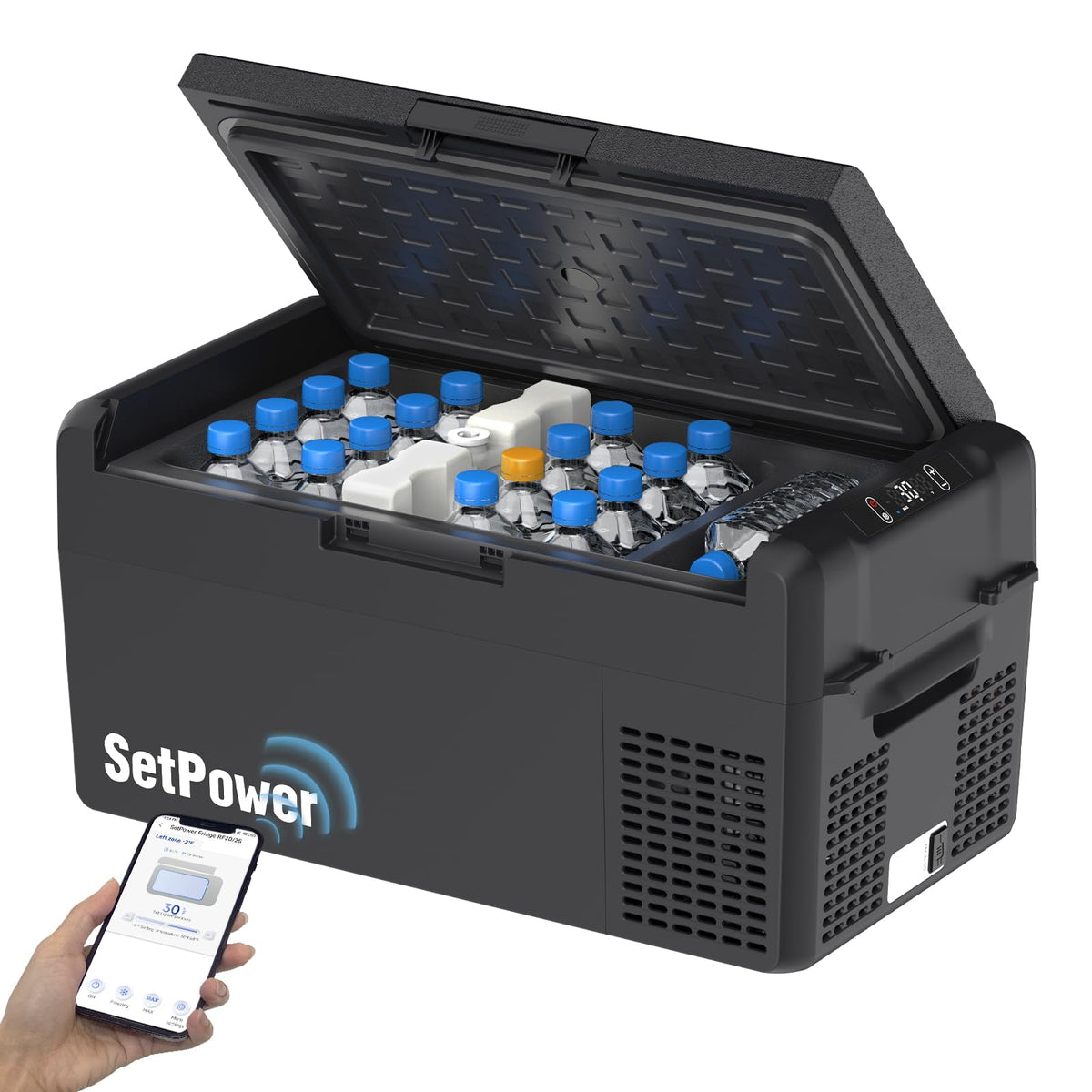 SetPower 12V refrigerator front view showing compact 21-quart capacity for vehicles.
