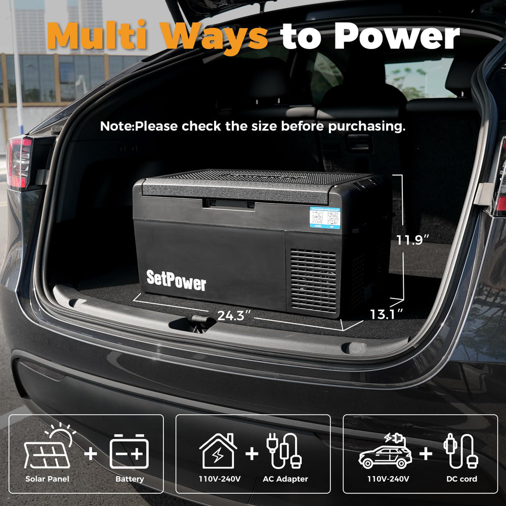 SetPower 12V refrigerator road-trip setup for portable cooling on the go.