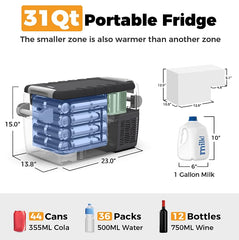 Setpower AJ30 car fridge connected to 12/24V DC for vehicle use.