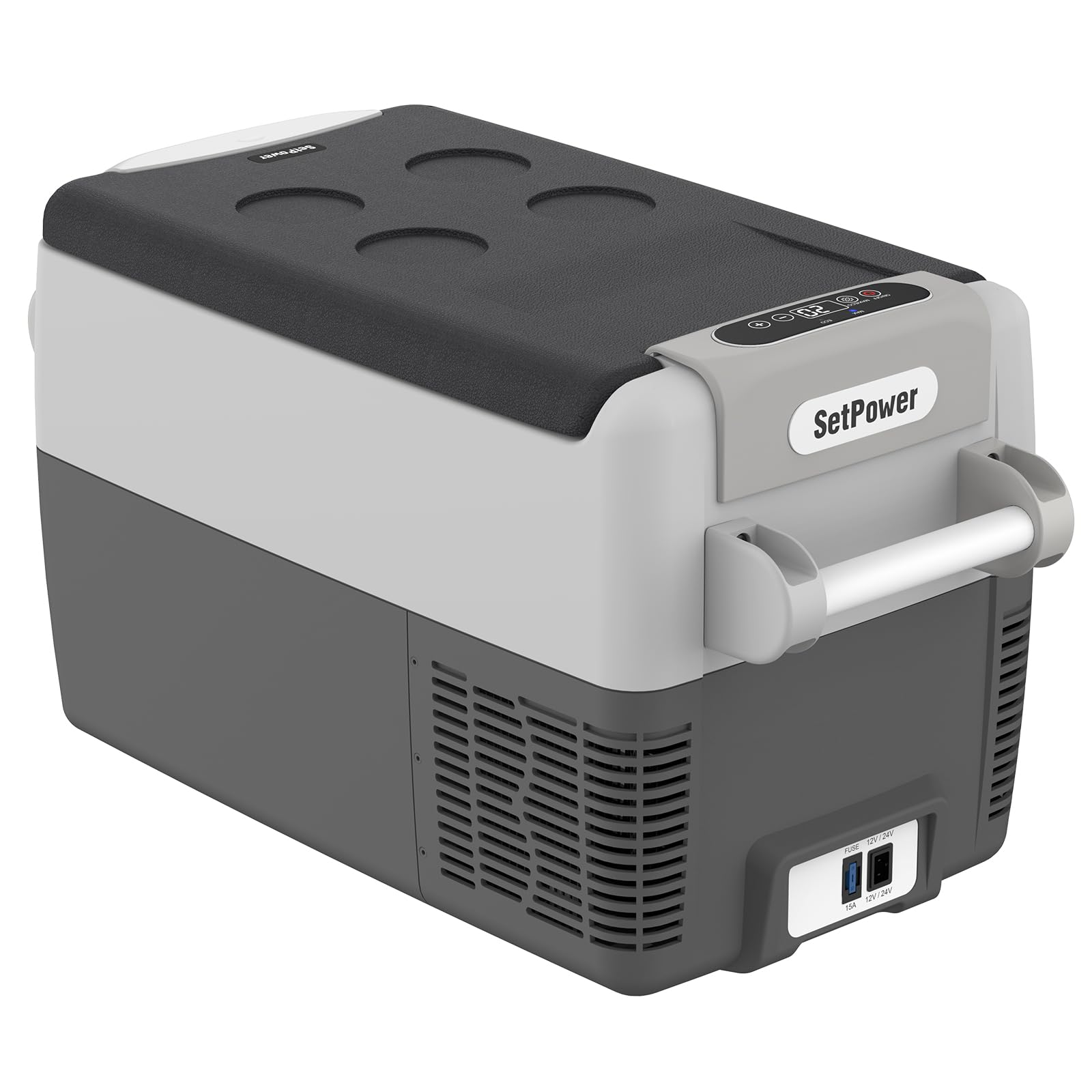 Setpower AJ30 portable refrigerator exterior showing compact design for travel.