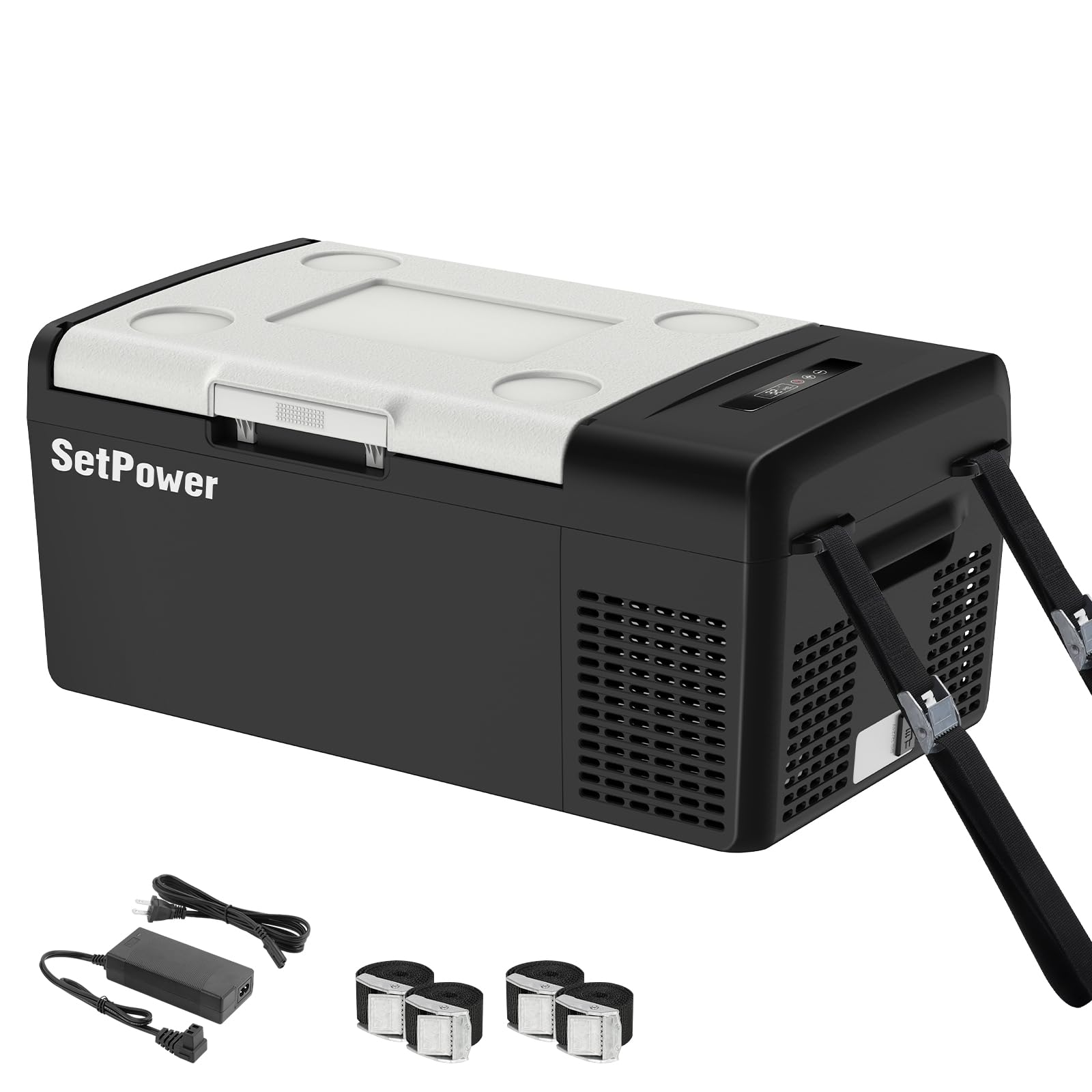 Setpower car refrigerator 15L front view for compact travel cooling on the road