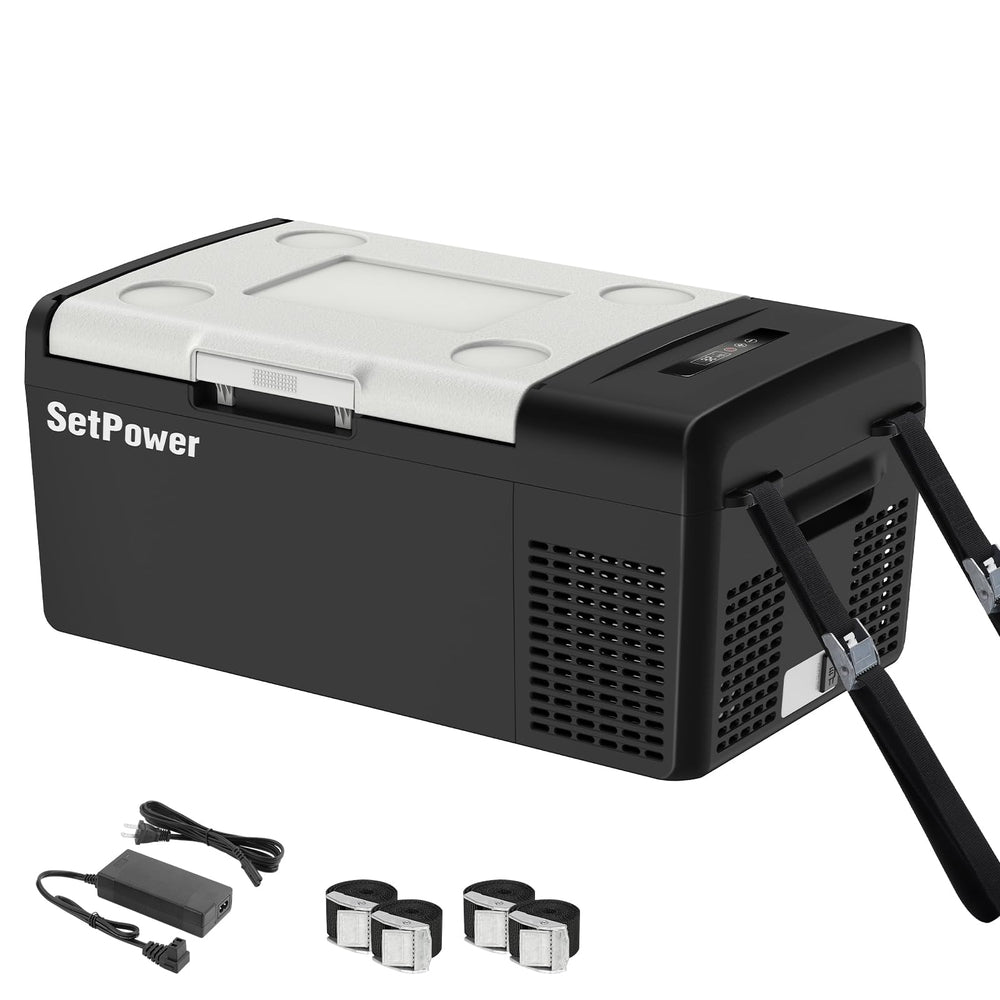 Setpower car refrigerator 15L front view for compact travel cooling on the road