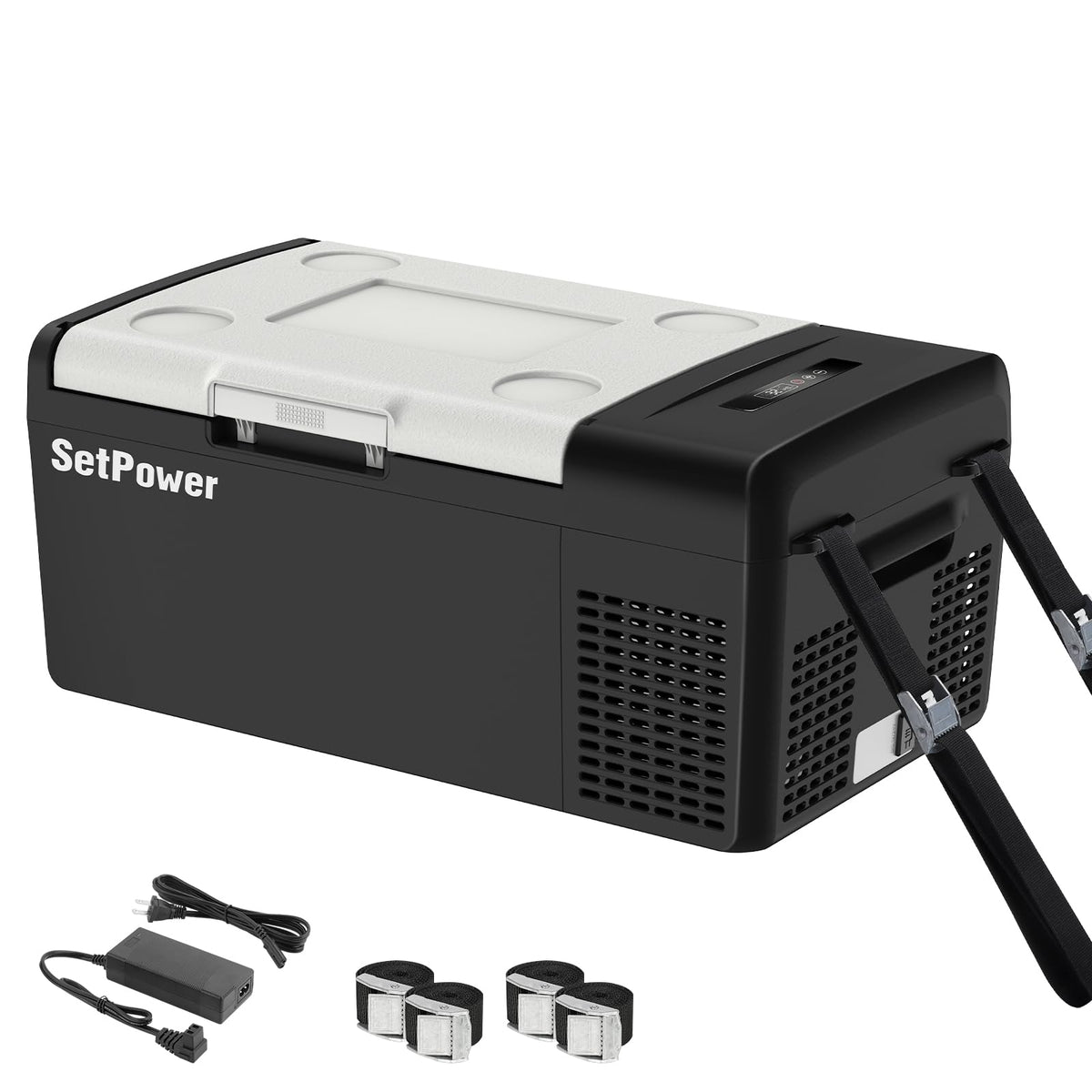 Setpower car refrigerator 15L front view for compact travel cooling on the road