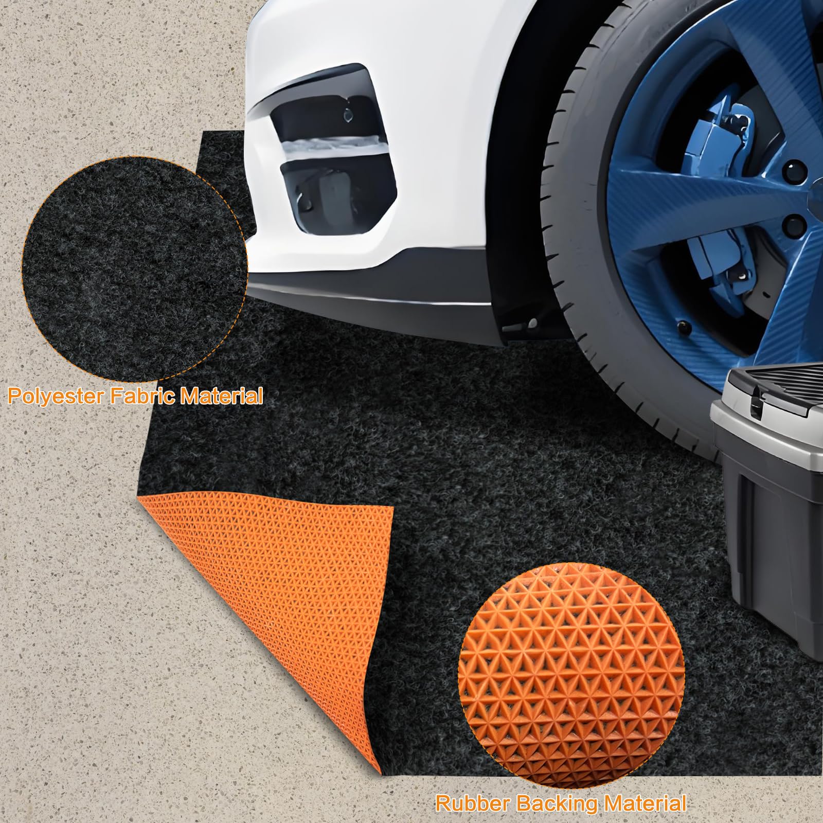 Seuqhck oil spill mat placed under car protects floors from leaks.