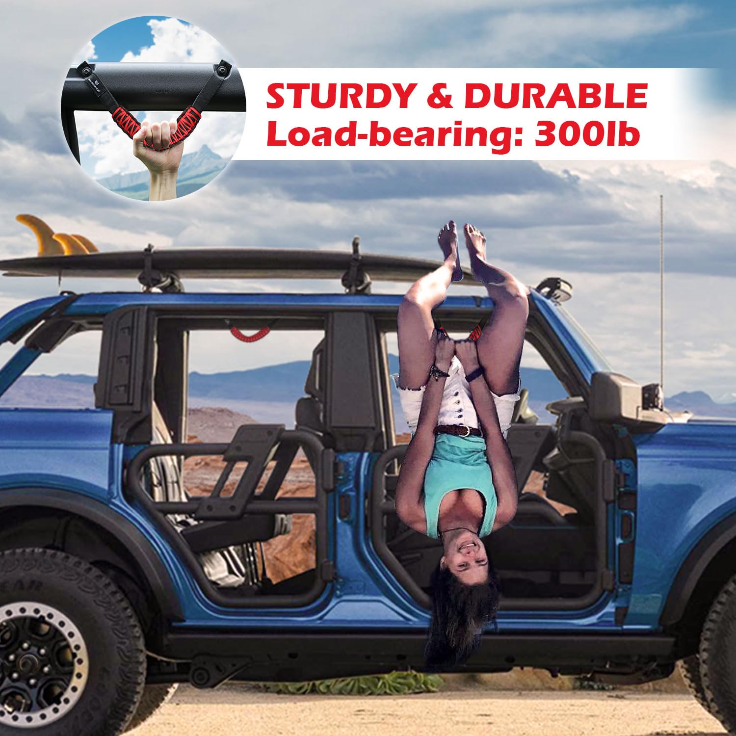 SEVEN SPARTA Bronco roll bar grab handle rear view showing durable paracord