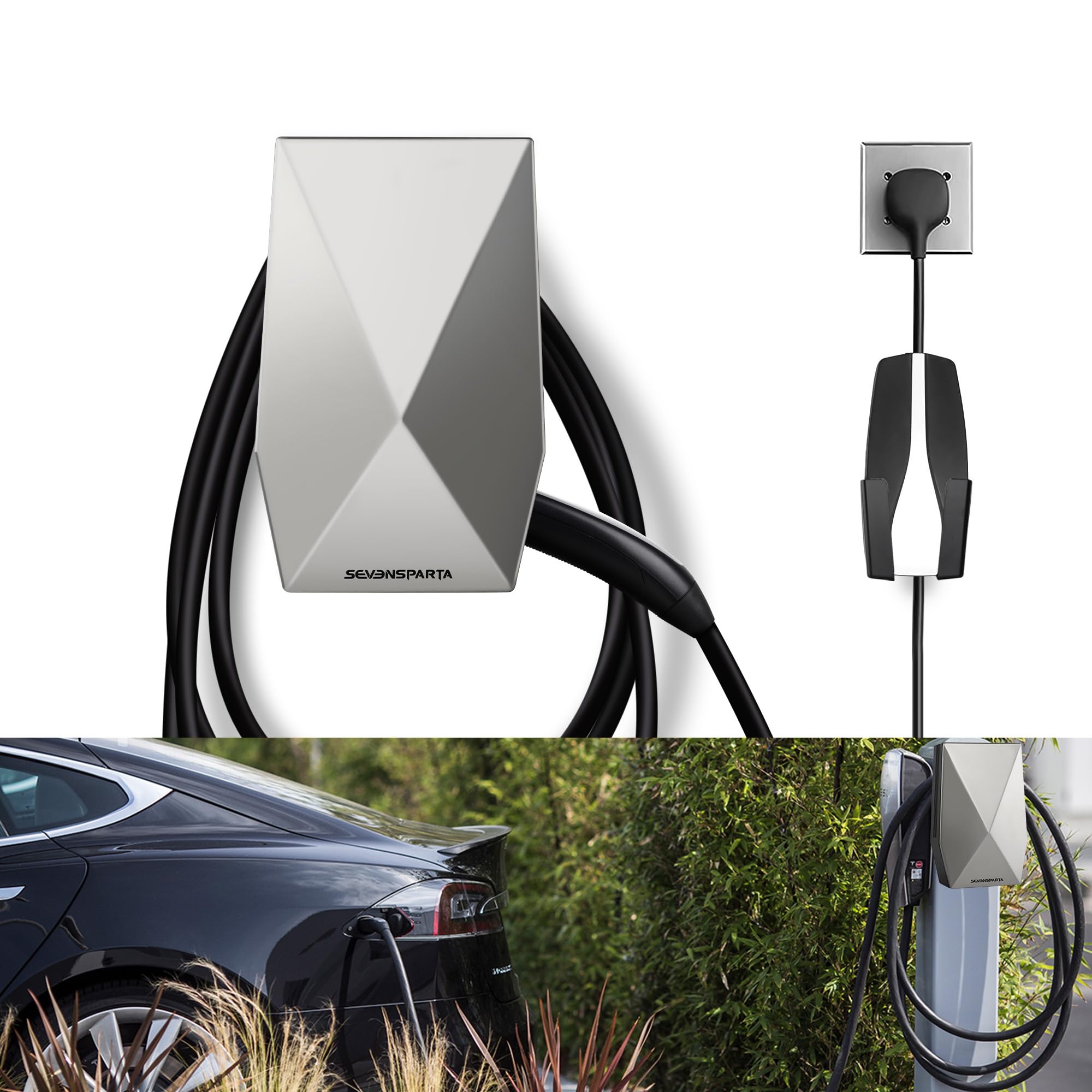 SEVEN SPARTA Cybertruck cable holder slot keeps charging plug secure and accessible.
