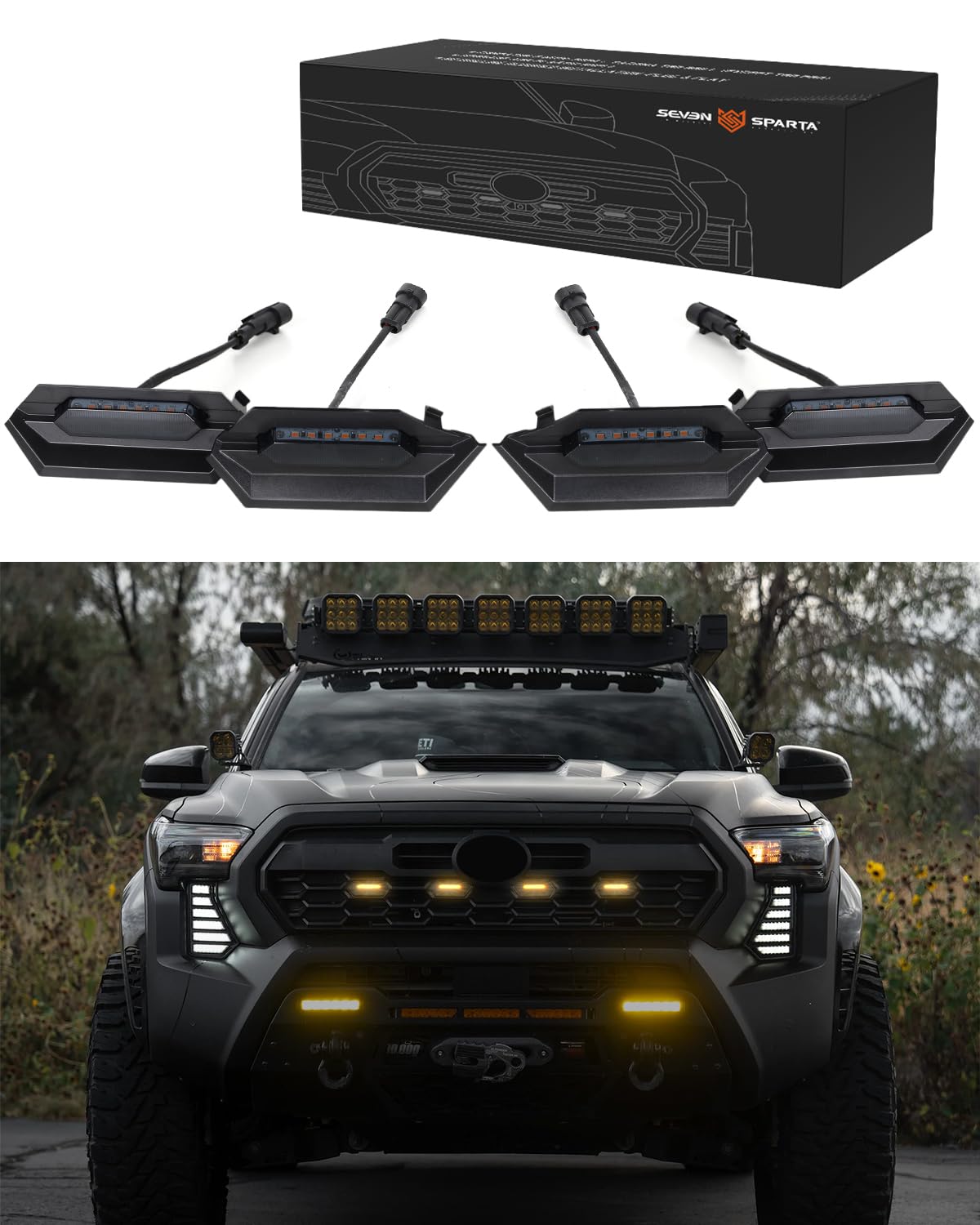 Seven Sparta grill LED light on Tacoma grille with amber lens for better night visibility.