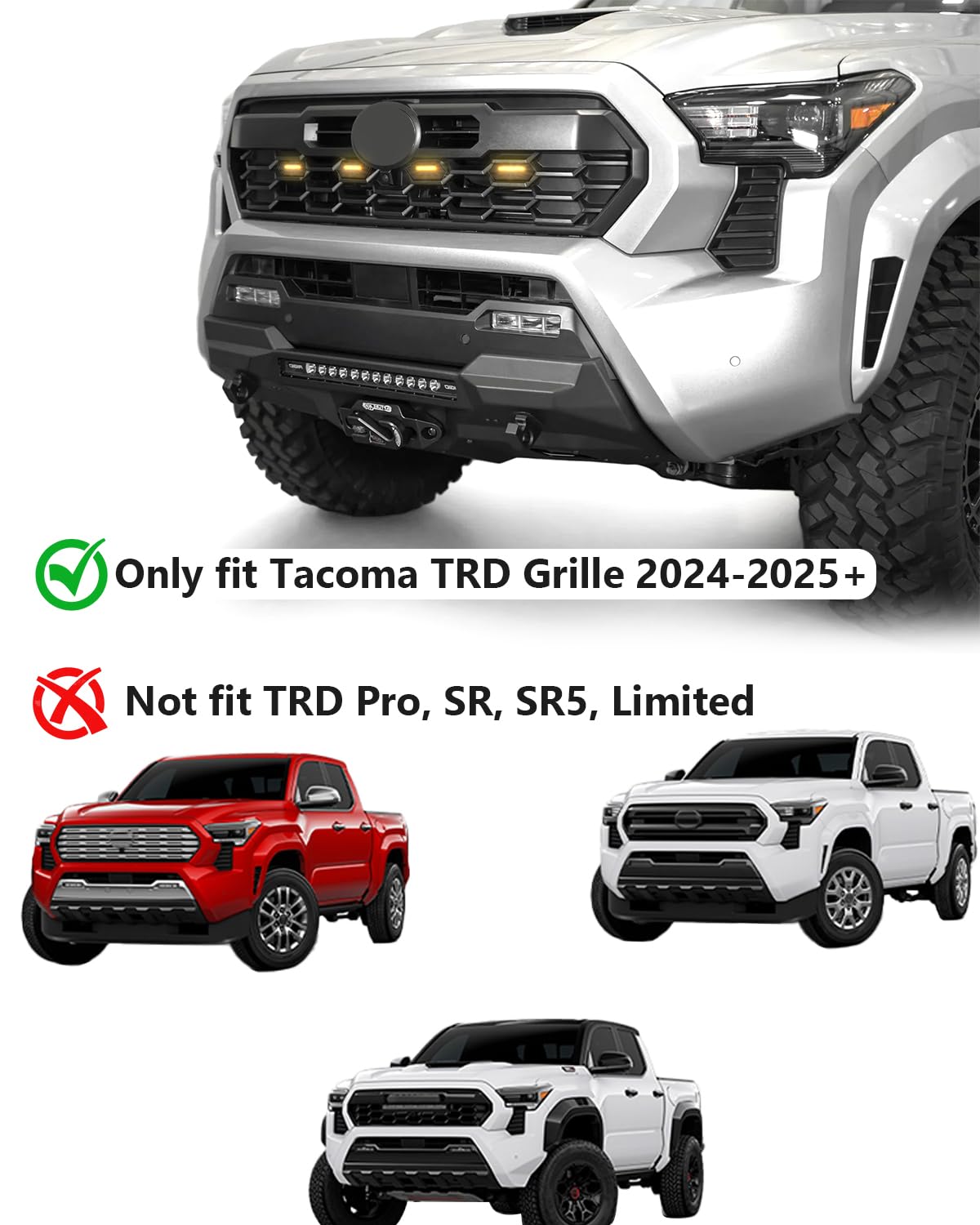 Seven Sparta LED lights installed on Toyota Tacoma TRD Sport grille for enhanced presence.