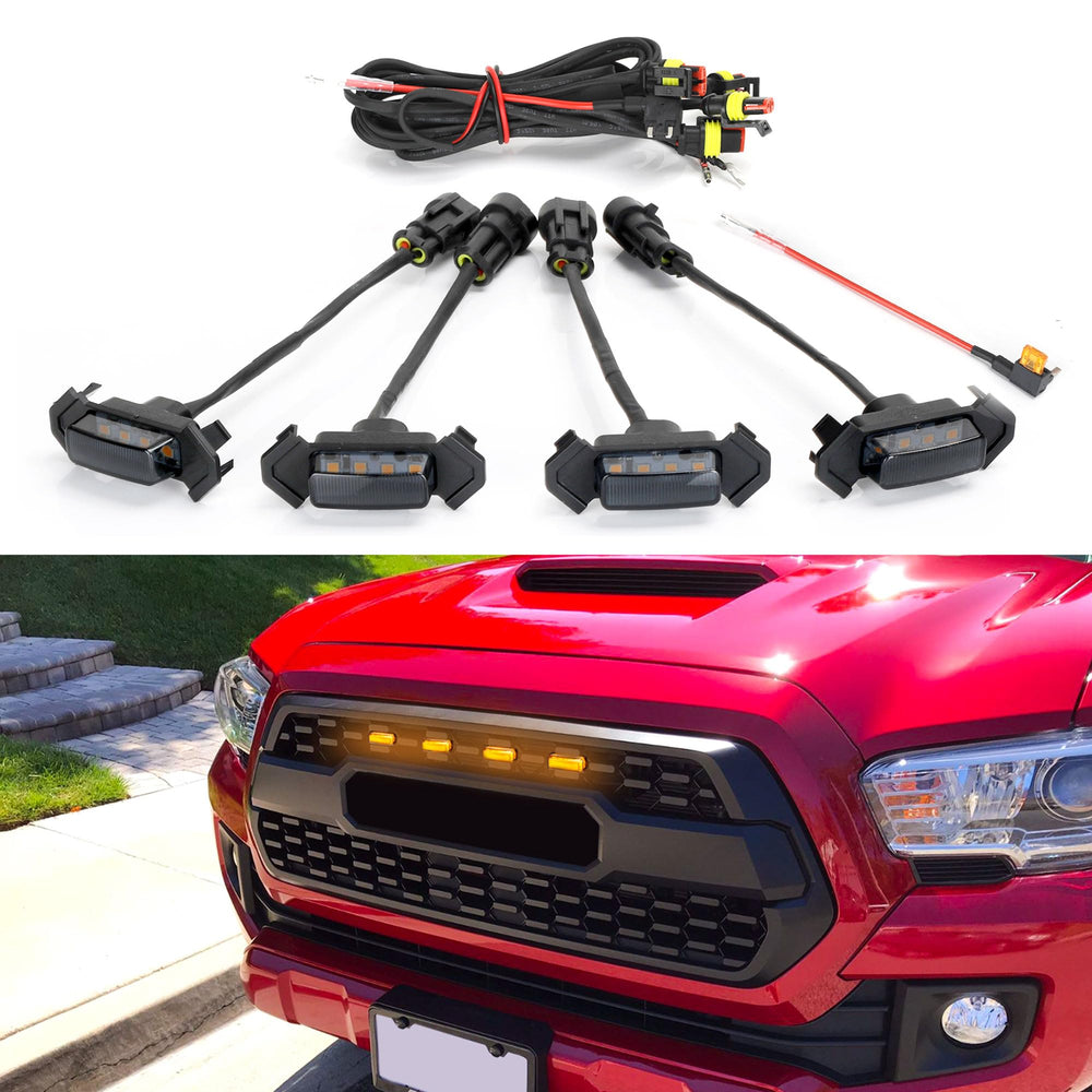 Seven Sparta grill LED lights with amber glow on a black shell for Toyota Tacoma TRD Pro