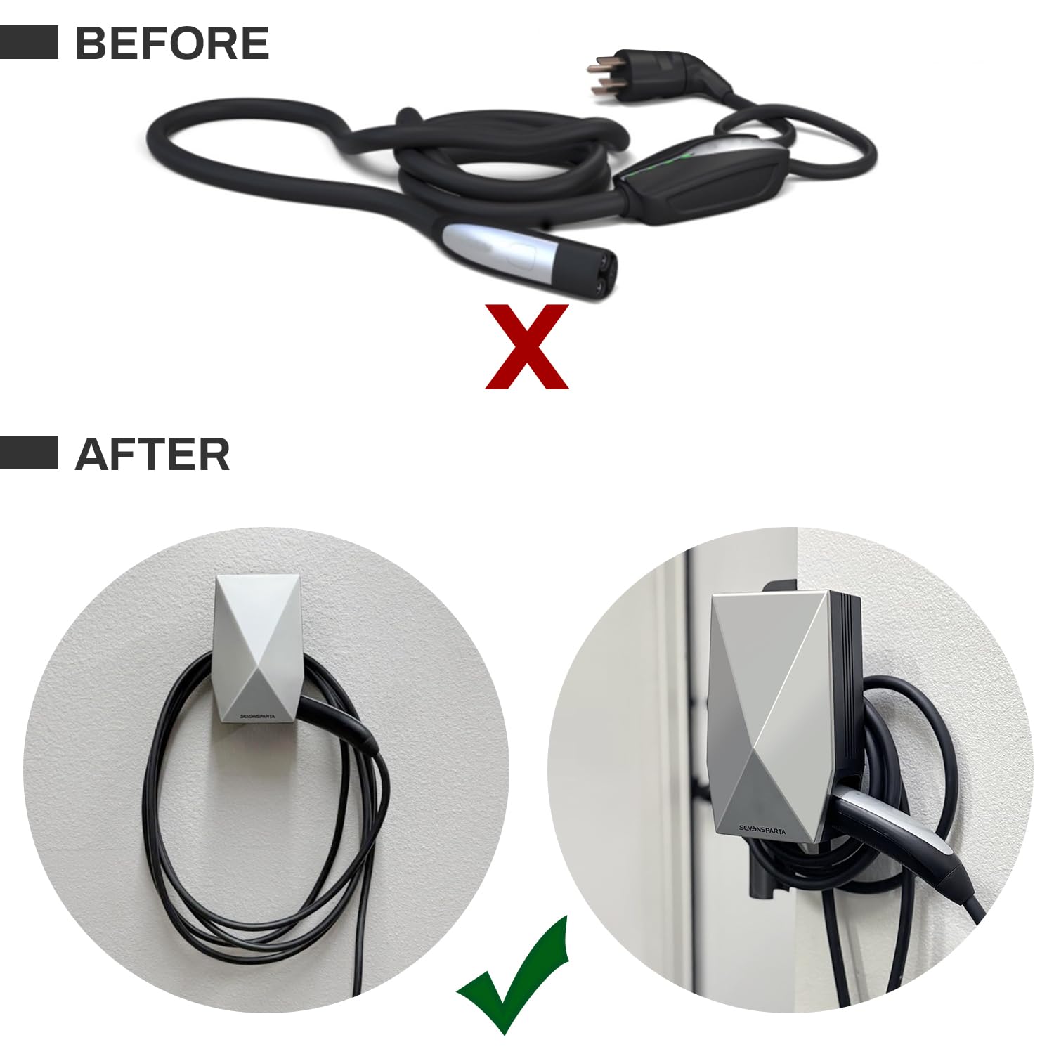 SEVEN SPARTA wall charger holder shows a secure locking slot for stability.