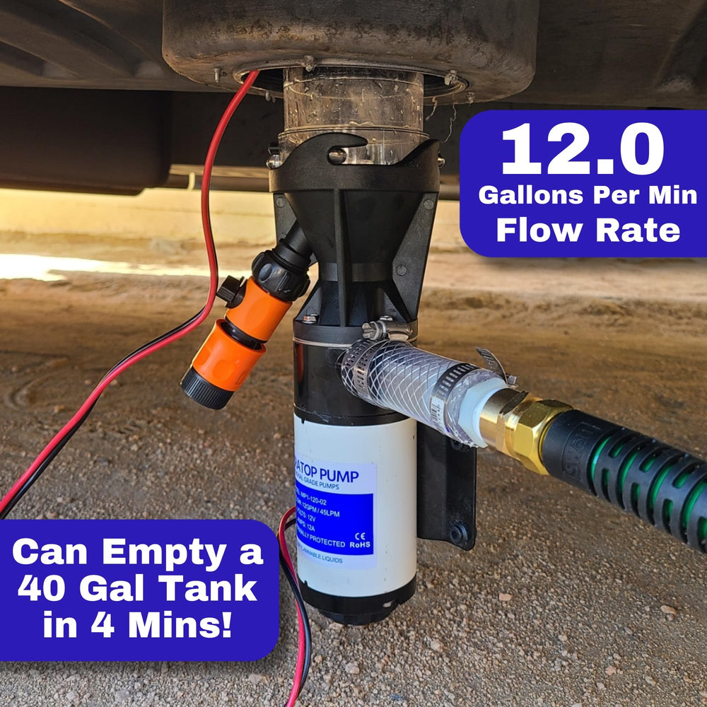 SewerFlo 12V plug powers the pump via cigarette lighter during travel.