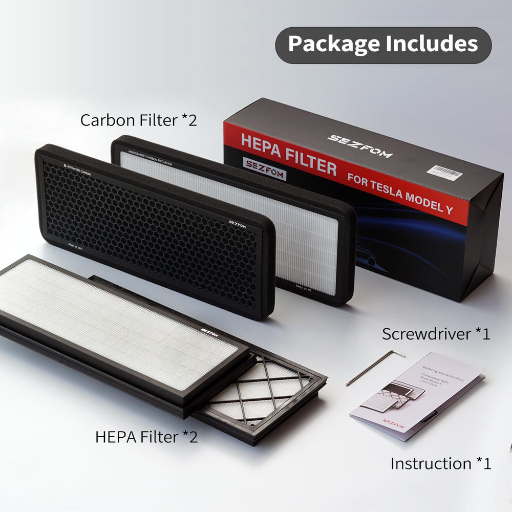 Sezfom four-filter set demonstrates complete filtration solution for Tesla Model Y.