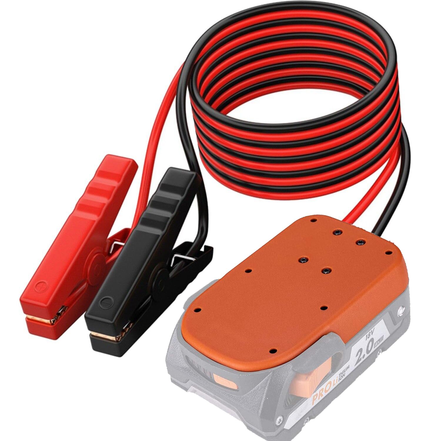 Sfablosm ridgid-18v battery jumper clamps for quick vehicle boosts.