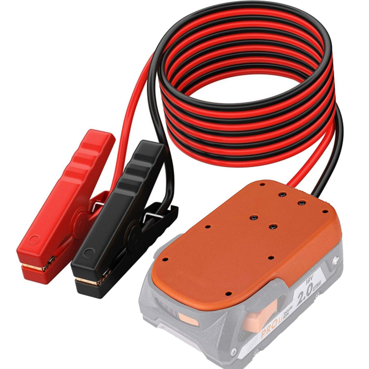 Sfablosm ridgid-18v battery jumper clamps for quick vehicle boosts.