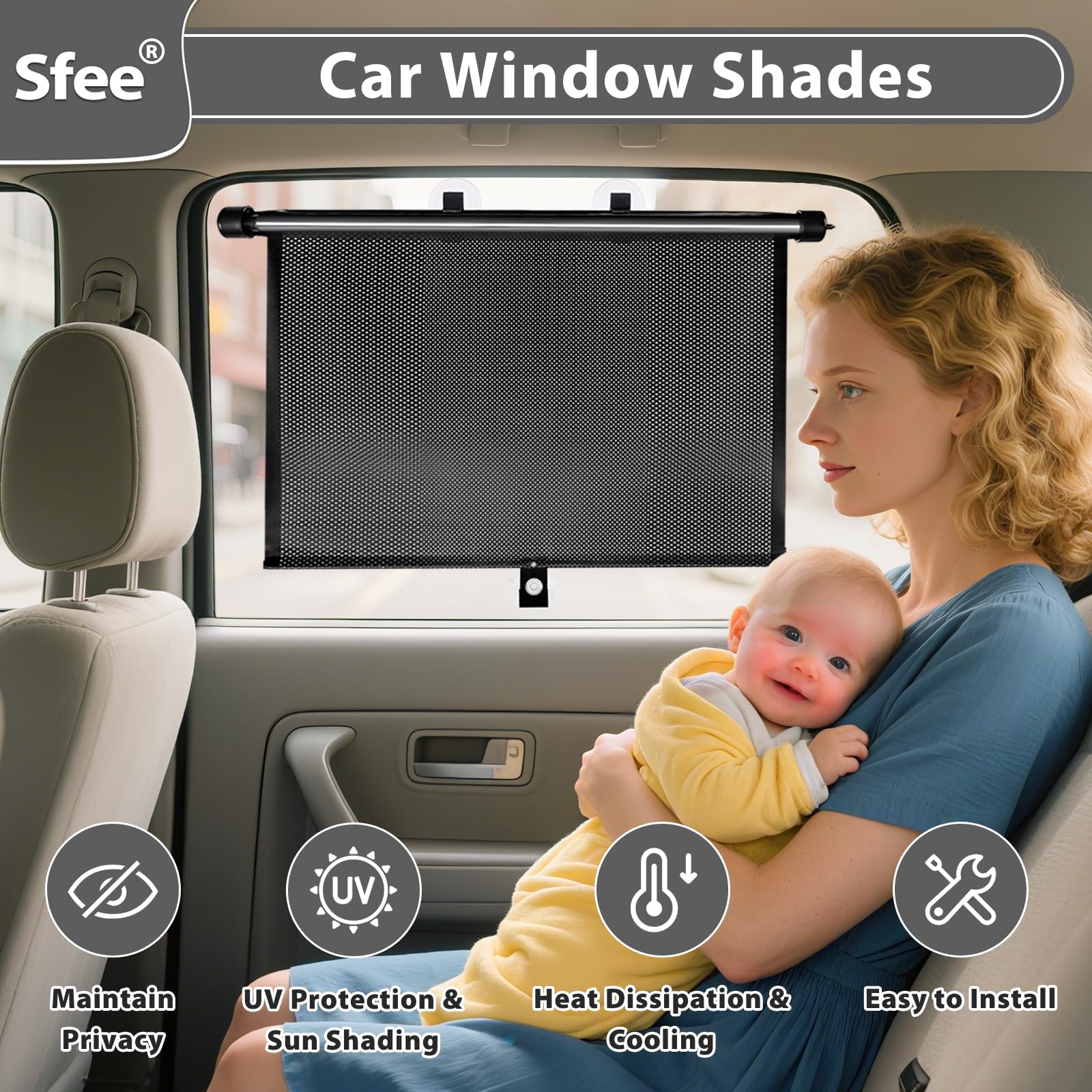 Sfee shade with suction cups attachment securing shade on most cars