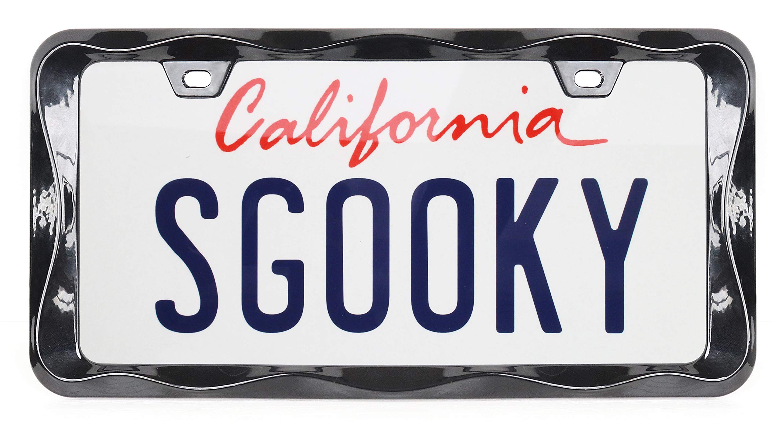 Sgooky 3D Curly Wave frame front view with bold black finish enhances your vehicle's appearance.