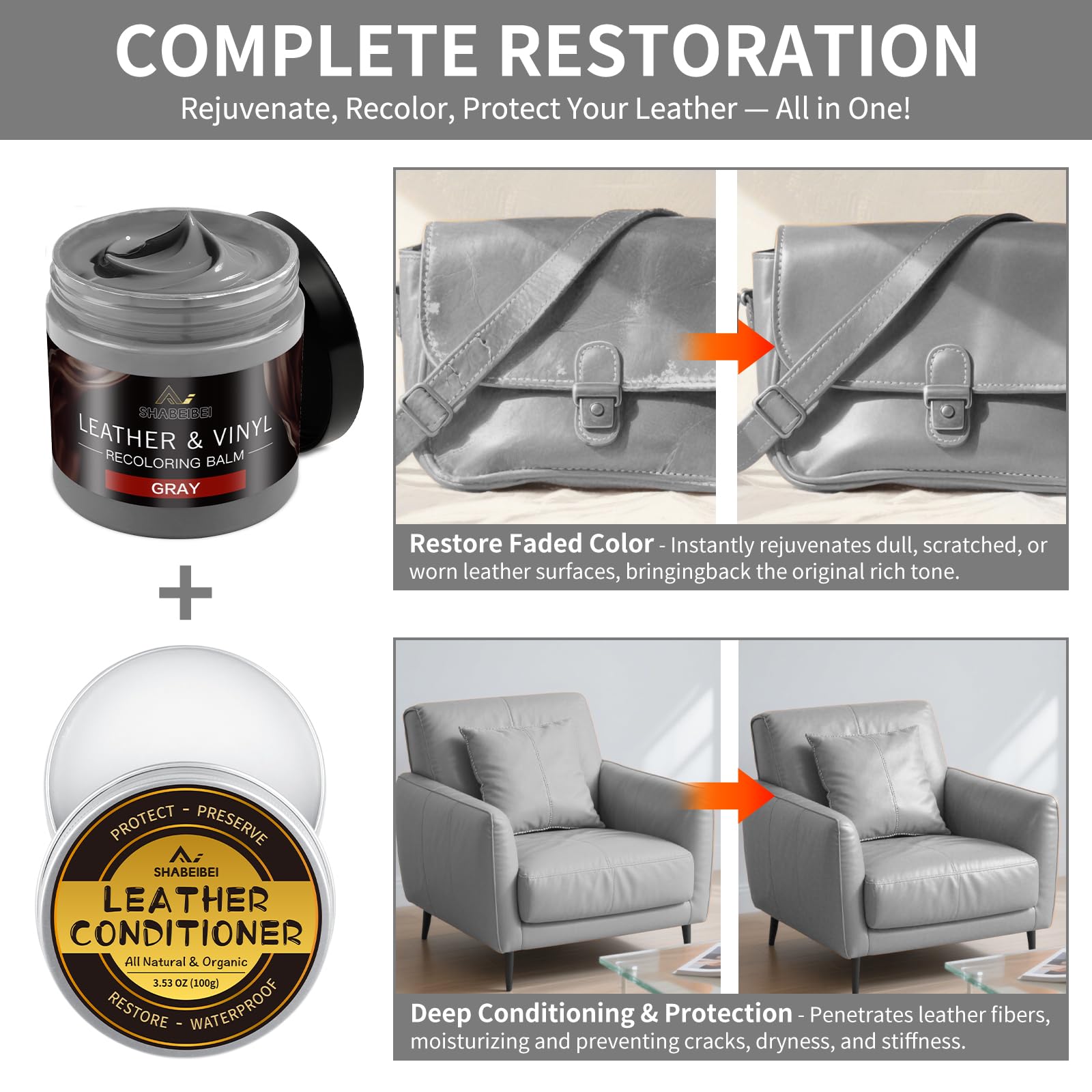 SHABEIBEI Leather Cleaner Restorer with foam cap demonstrates easy cleaning on sofas and car seats.