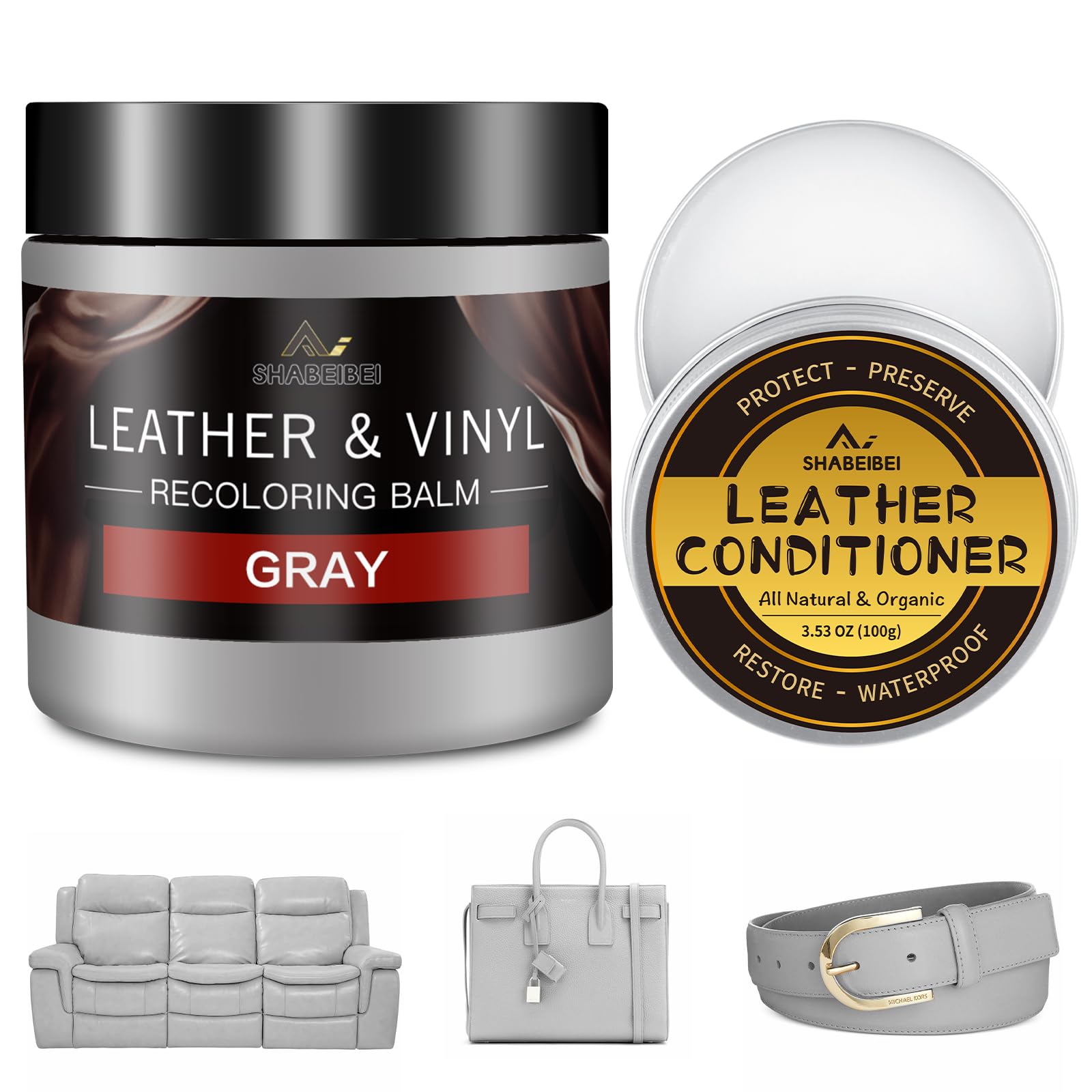 SHABEIBEI Leather Recoloring Balm 100ml and Mink Oil bottle for deep conditioning and restoration.
