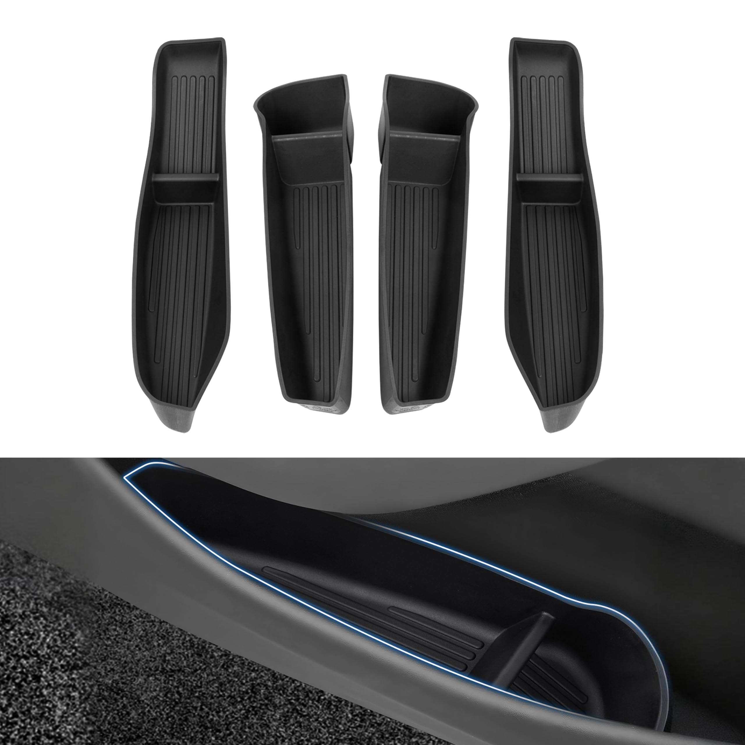 Shademax Model Y Juniper door tray front-left view keeps sunglasses and keys neatly organized.