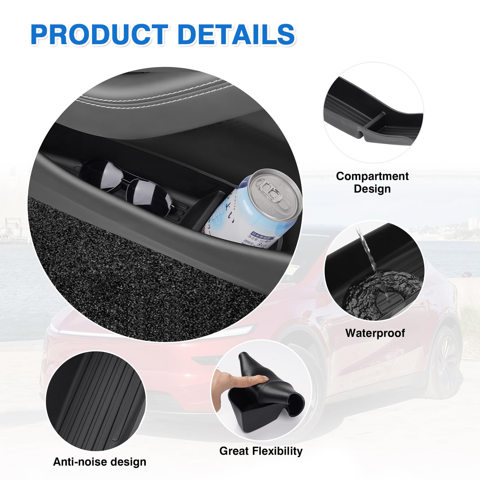 Shademax Model Y Juniper door tray protects interior and is waterproof.