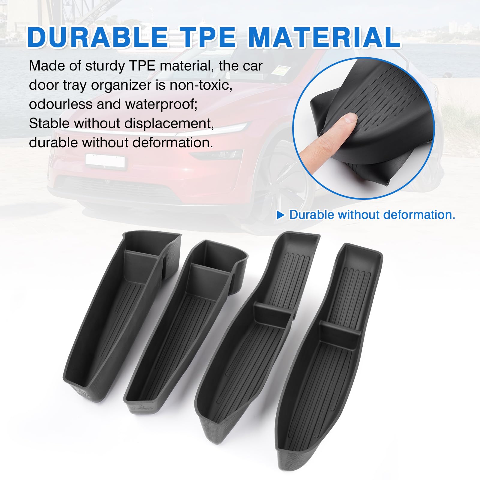 Shademax Model Y Juniper door tray rear-left view protects the door pocket from scratches.