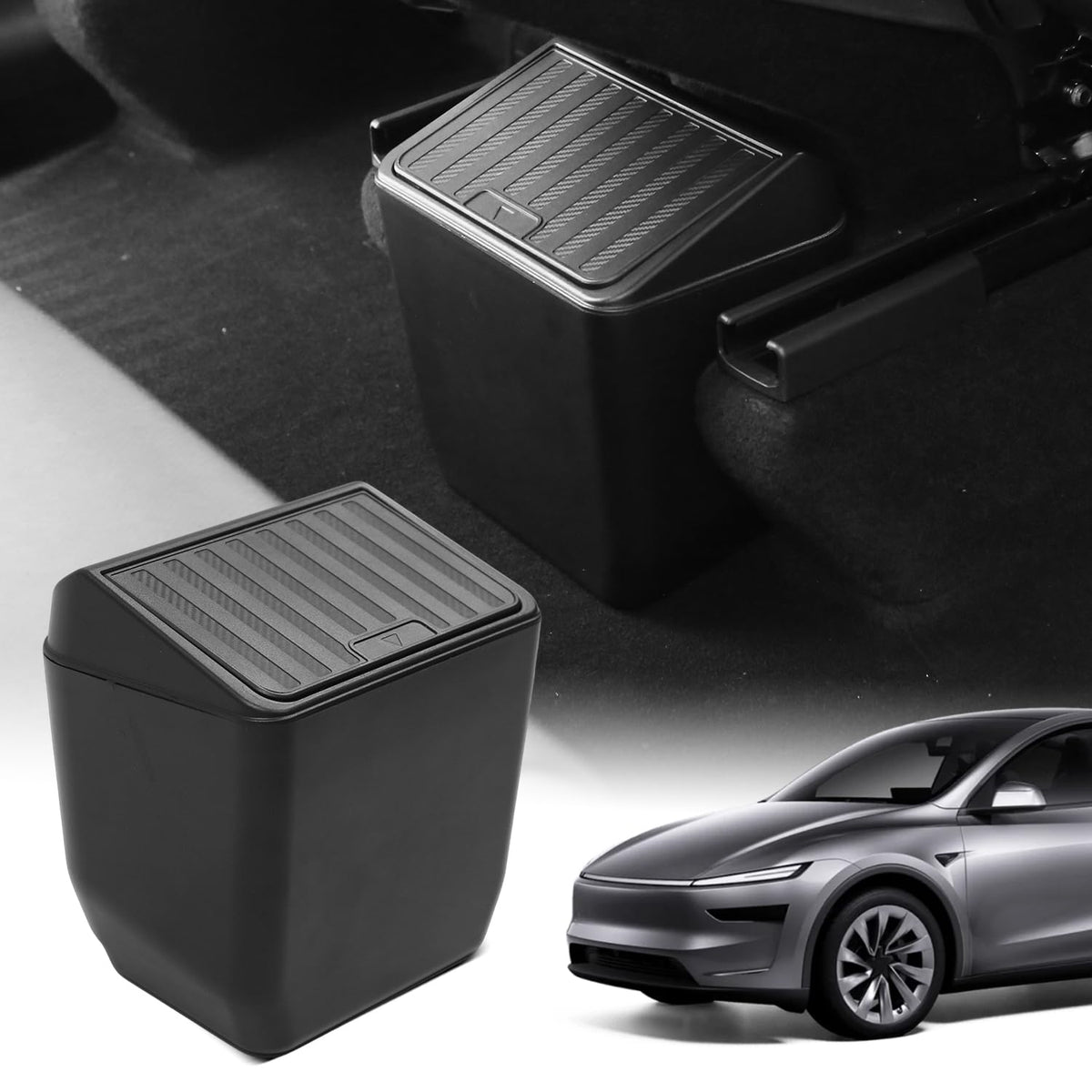 Shademax rear trash can with press-open lid for Model Y Juniper keeps cabin tidy