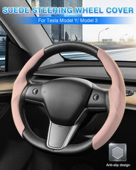 Shademax suede texture close-up shows premium feel on pink steering wheel