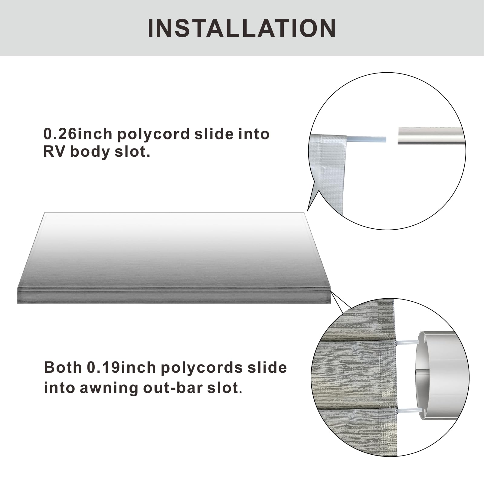 ShadePlus finished size 19-2 inches demonstrates fit for 20-foot RV awnings.