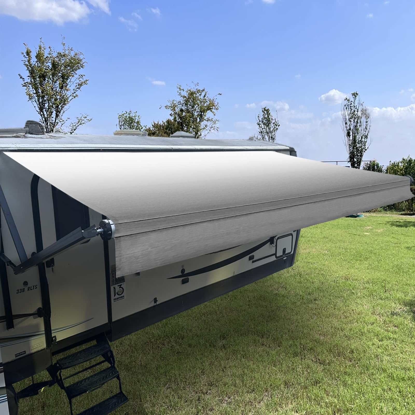 ShadePlus RV awning fabric replacement close-up highlighting rugged 16oz vinyl for UV and water resistance.