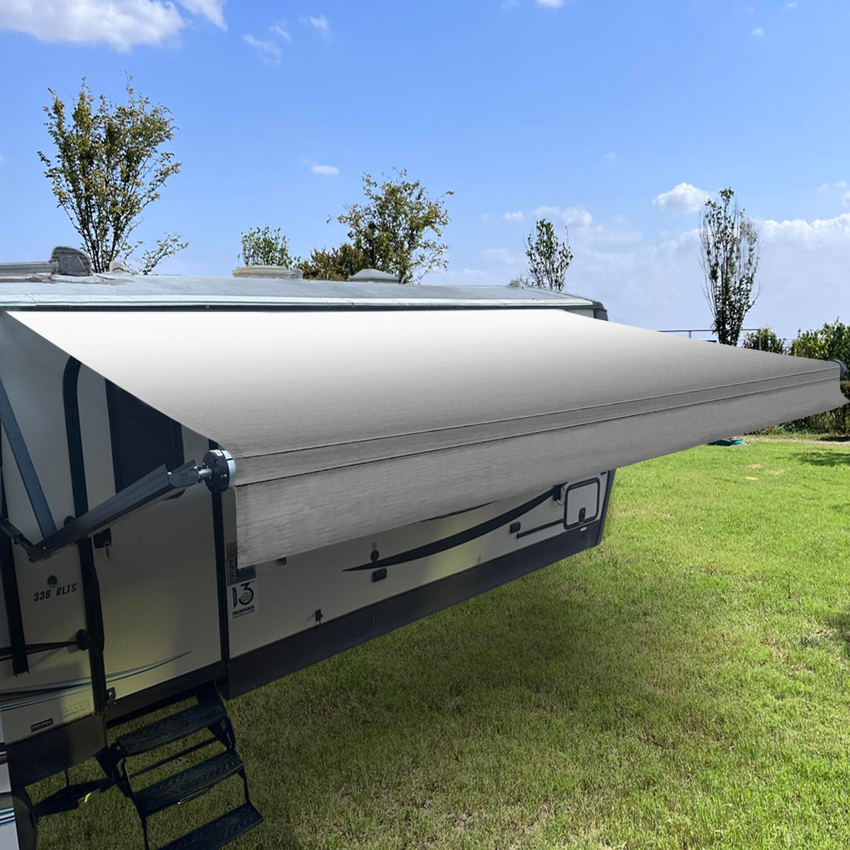 ShadePlus RV awning fabric replacement close-up highlighting rugged 16oz vinyl for UV and water resistance.