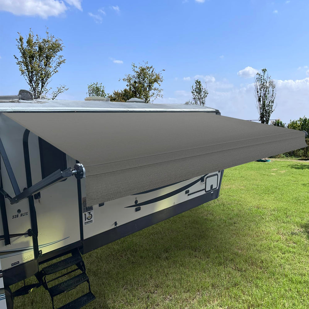 SHADEPLUS RV Awning Fabric Replacement shows a refreshed awning surface.