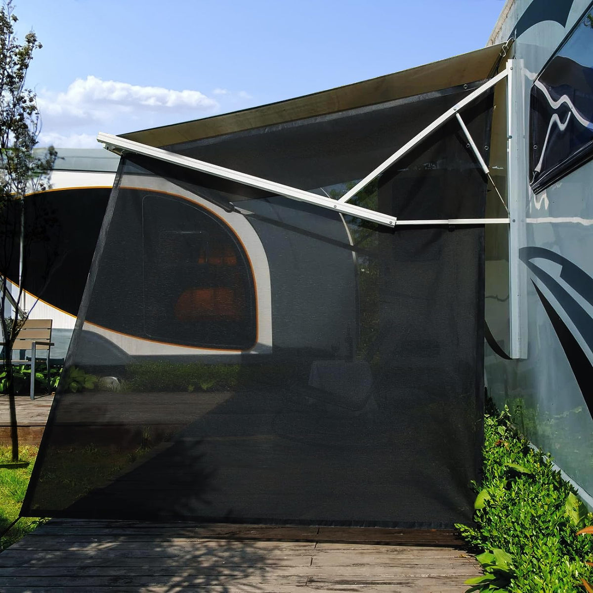 ShadePlus RV awning shade screen in use offers shade and privacy on the campsite