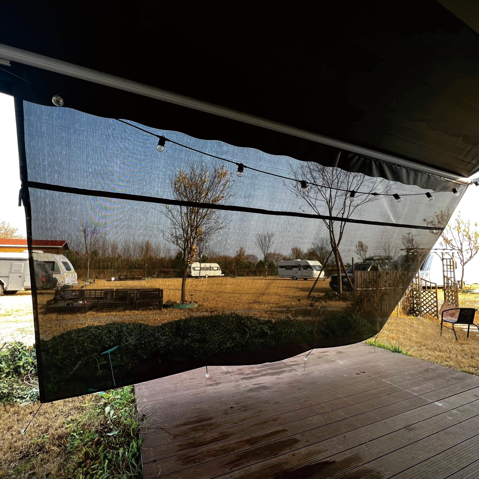 SHADEPLUS RV Awning Shade Screen installation shows quick two to three minute setup.