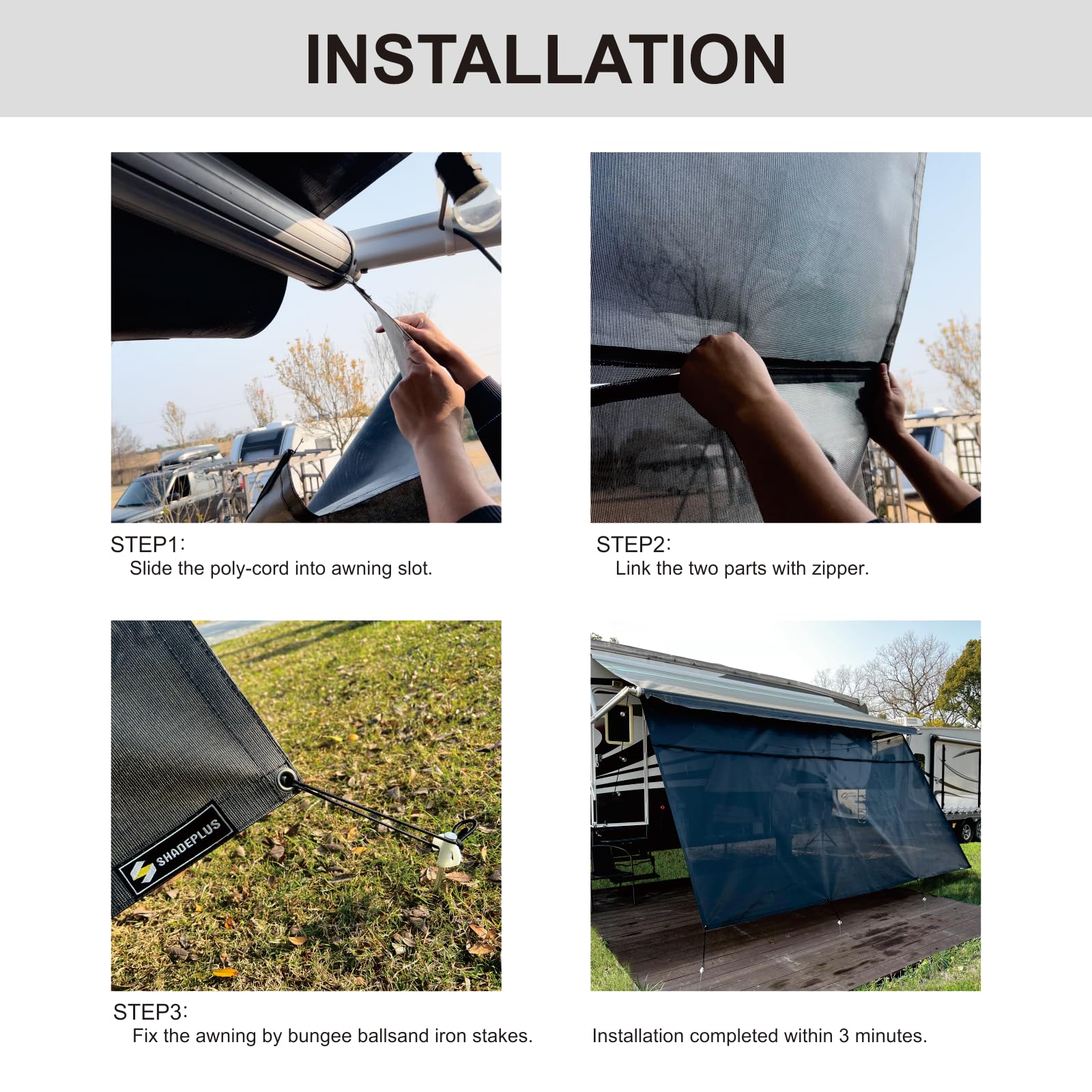 SHADEPLUS RV Awning Shade Screen privacy view emphasizes limited outside visibility.