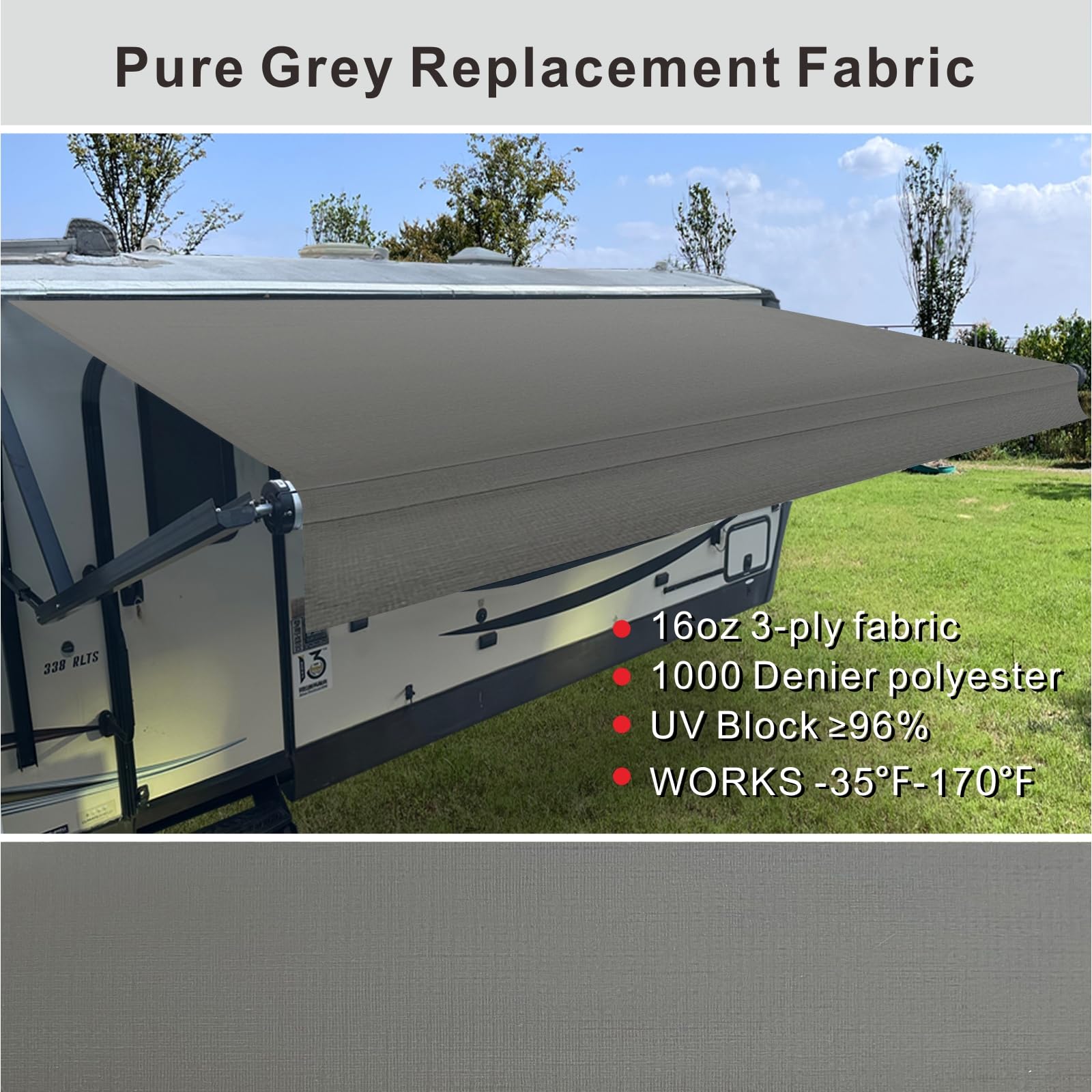 SHADEPLUS smoke grey fabric on a 15'2" RV awning for a subtle update.