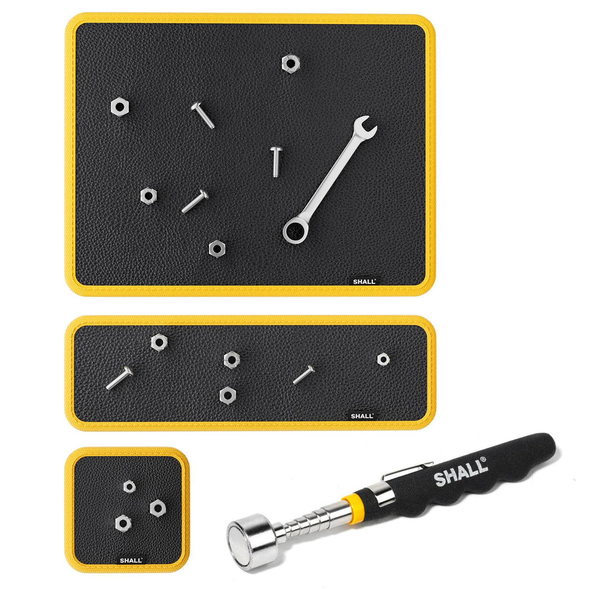 Shall 3-piece magnetic tool mats in large size organize screws and bolts securely.