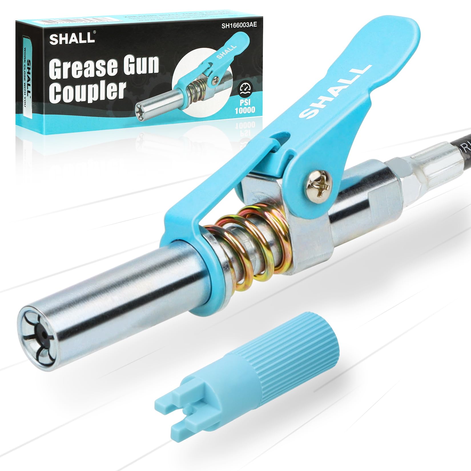 SHALL grease gun coupler with 6-jaw lock for secure, leak-free lubrication.
