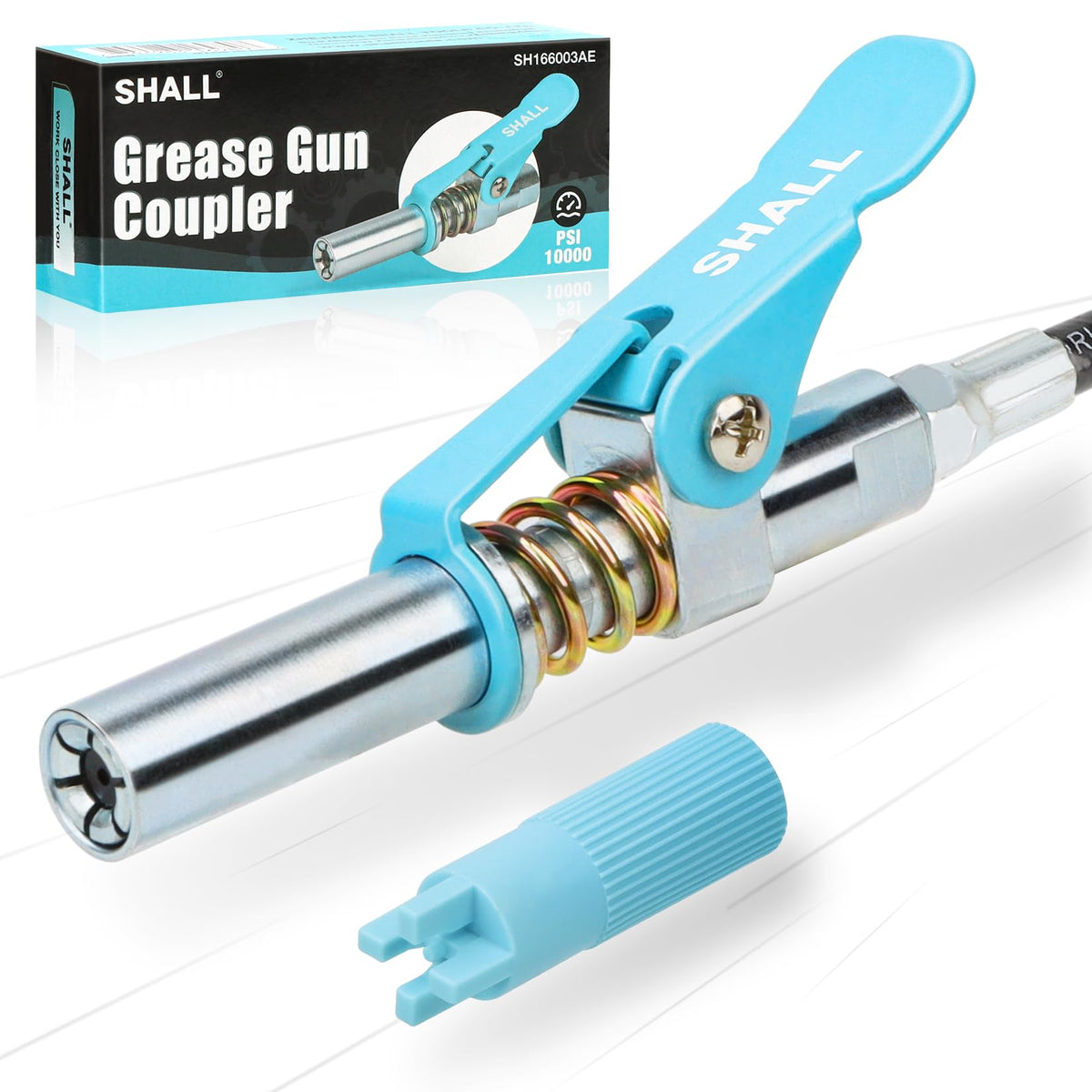 SHALL grease gun coupler with 6-jaw lock for secure, leak-free lubrication.
