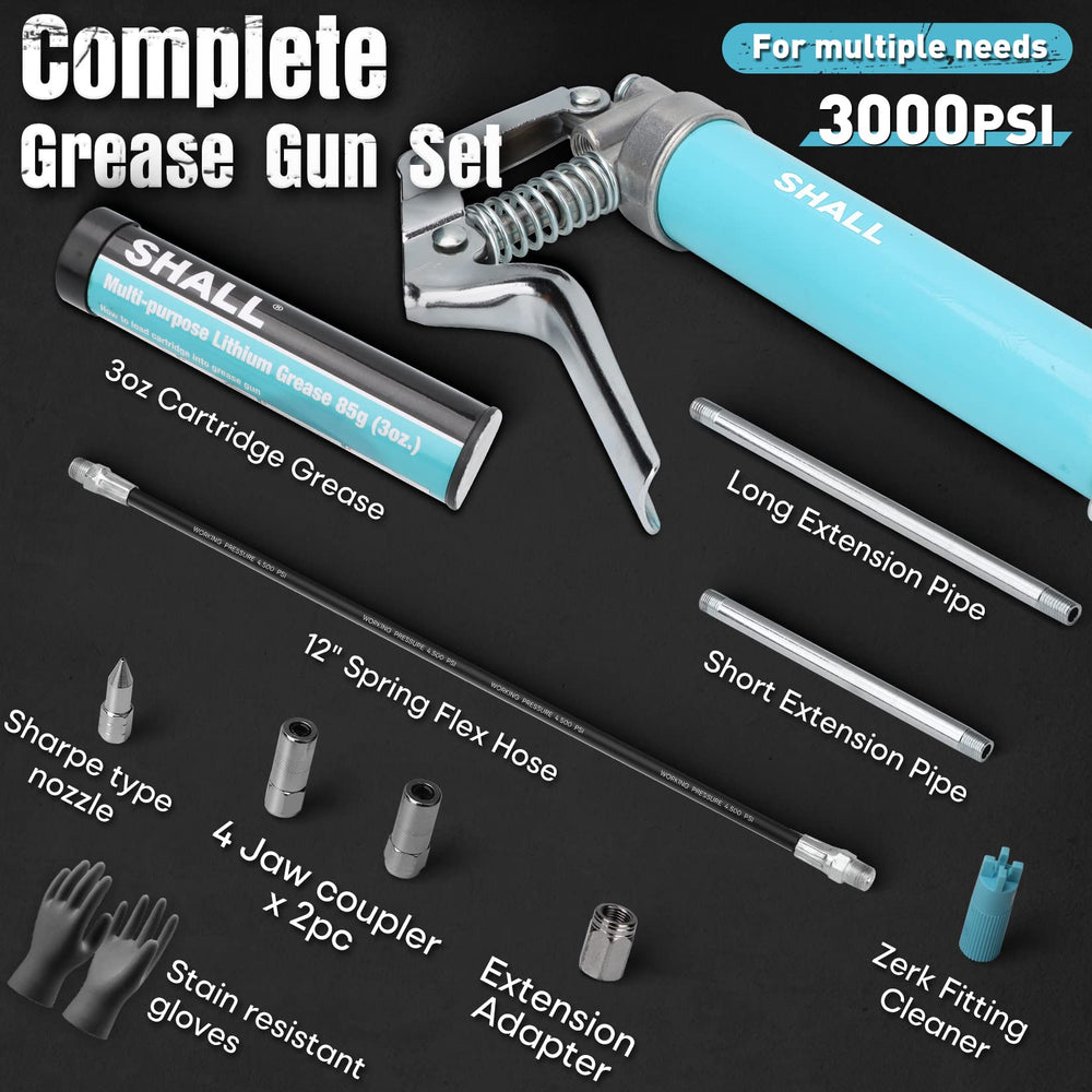 Shall mini grease gun kit long extension pipe for increased reach