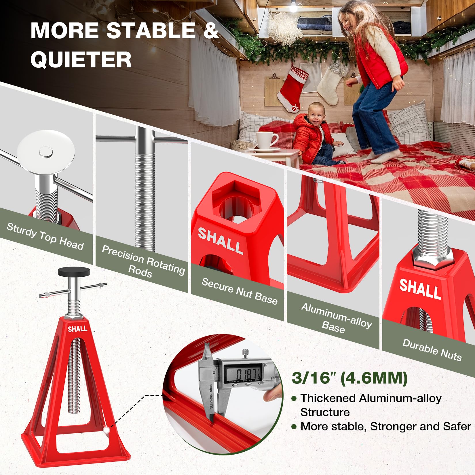 SHALL RV stabilizer jacks operate easily with a T-handle raise.