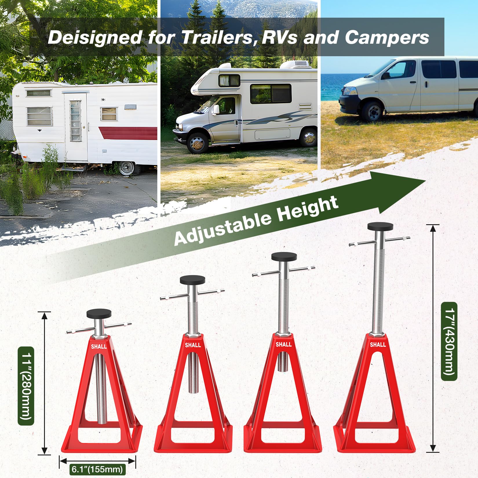 SHALL RV stabilizer jacks secured under an RV on uneven terrain for stability.