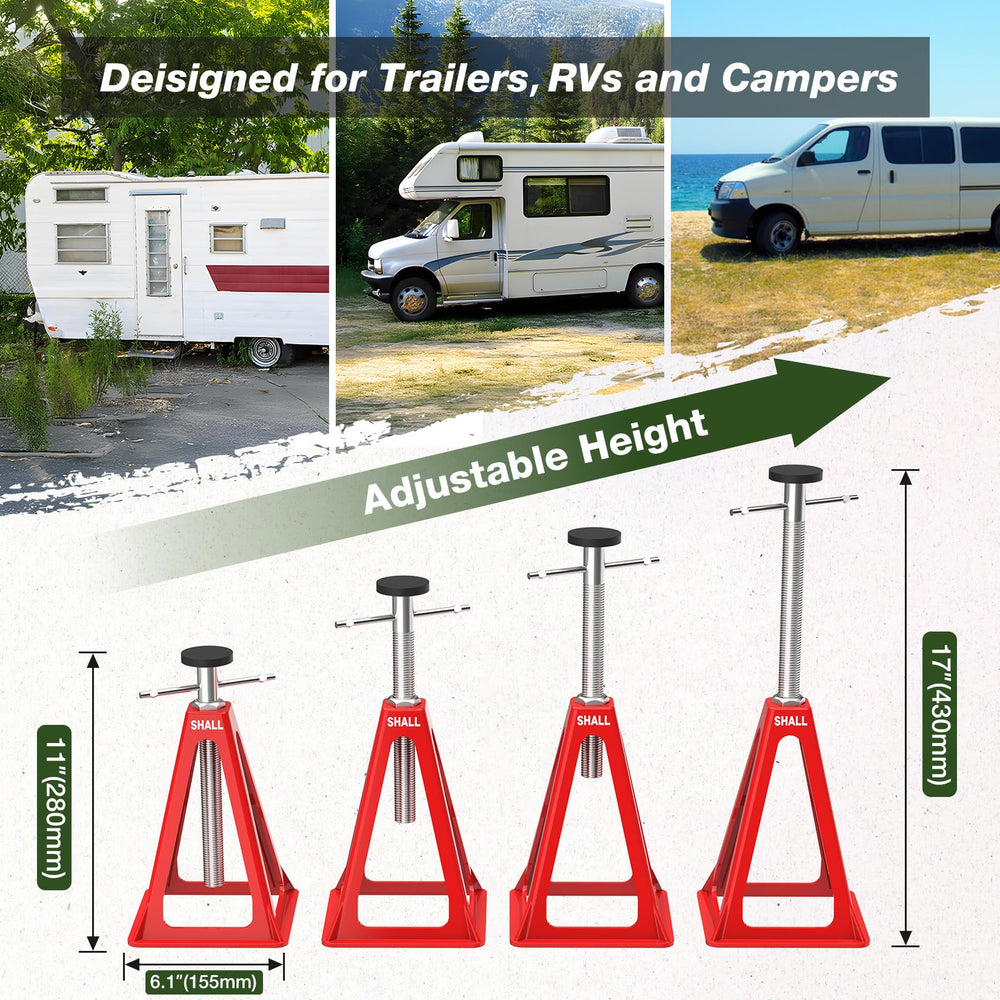SHALL RV stabilizer jacks secured under an RV on uneven terrain for stability.