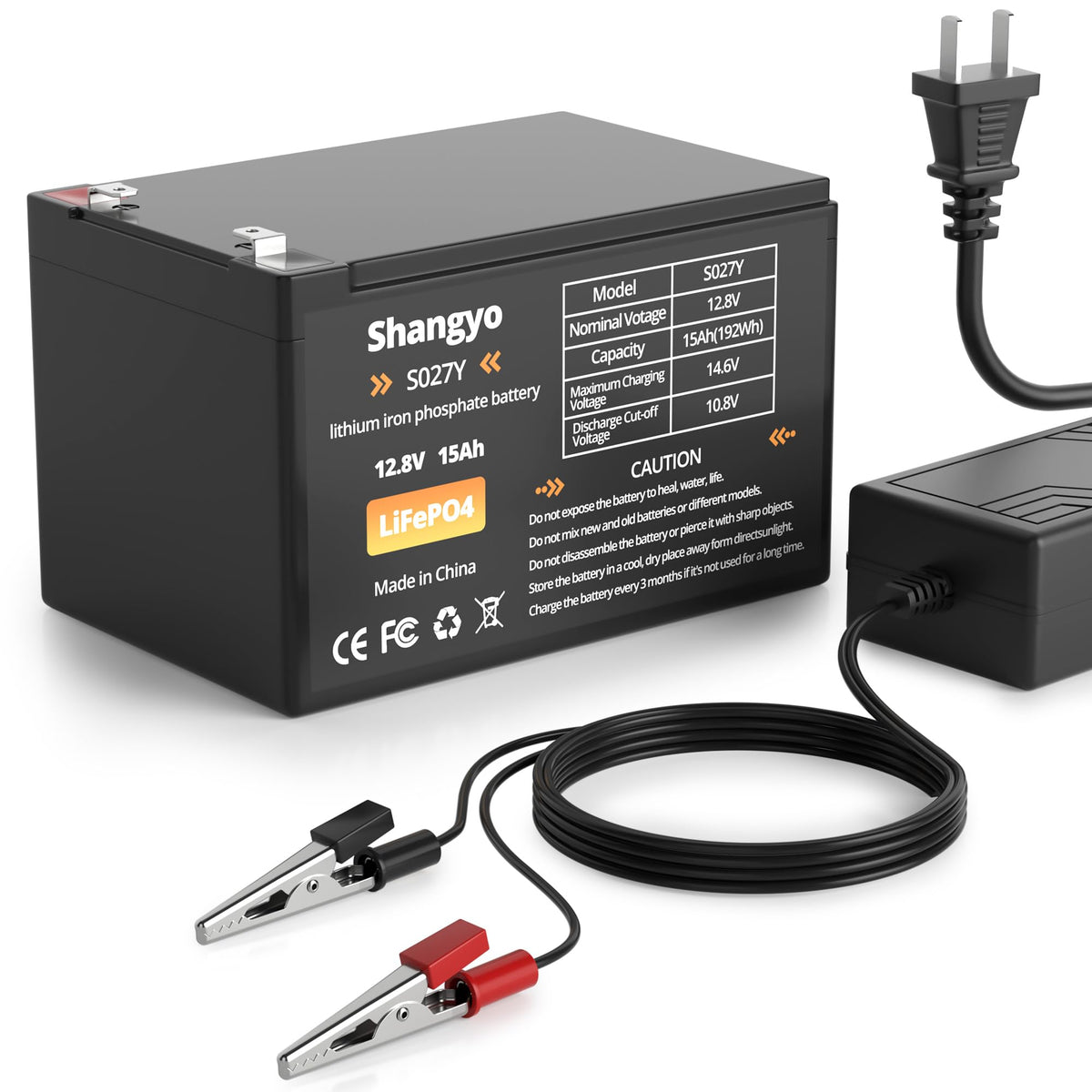 Shangyoyi 12V 15Ah LiFePO4 battery front view highlights compact, lightweight design for portable power.