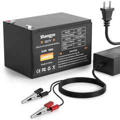 Shangyoyi 12V 15Ah LiFePO4 battery front view highlights compact, lightweight design for portable power.