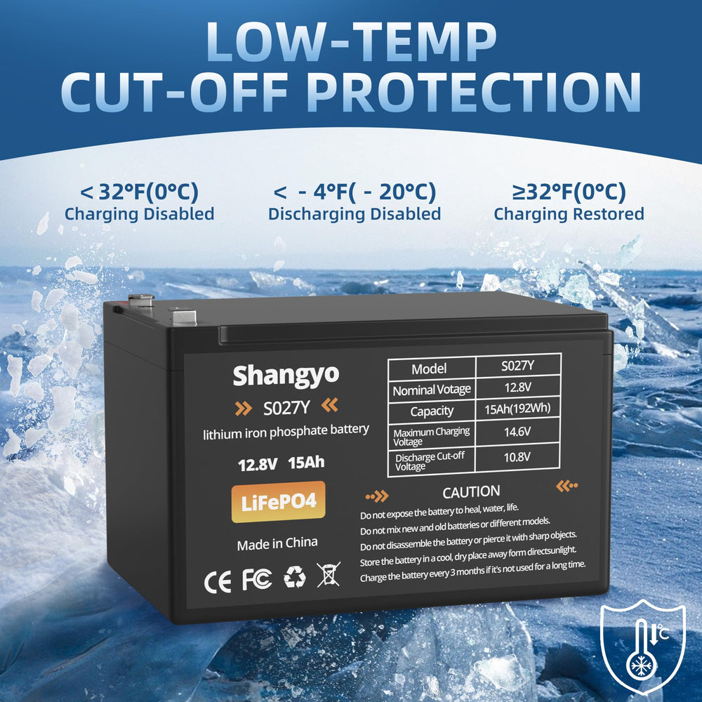 Shangyoyi 12V 15Ah LiFePO4 battery side view emphasizes durable construction for outdoor use.