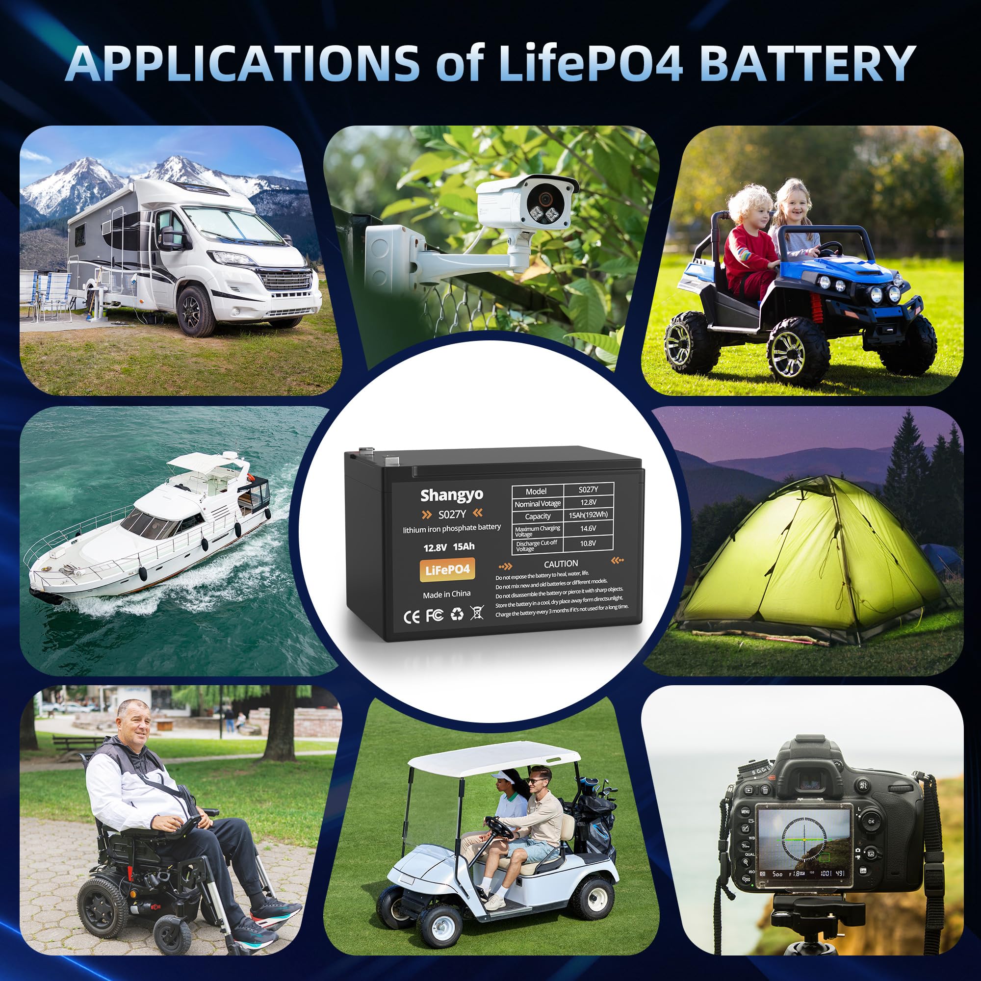 Shangyoyi LiFePO4 battery powers RVs, trolling motors, solar setups, and more.